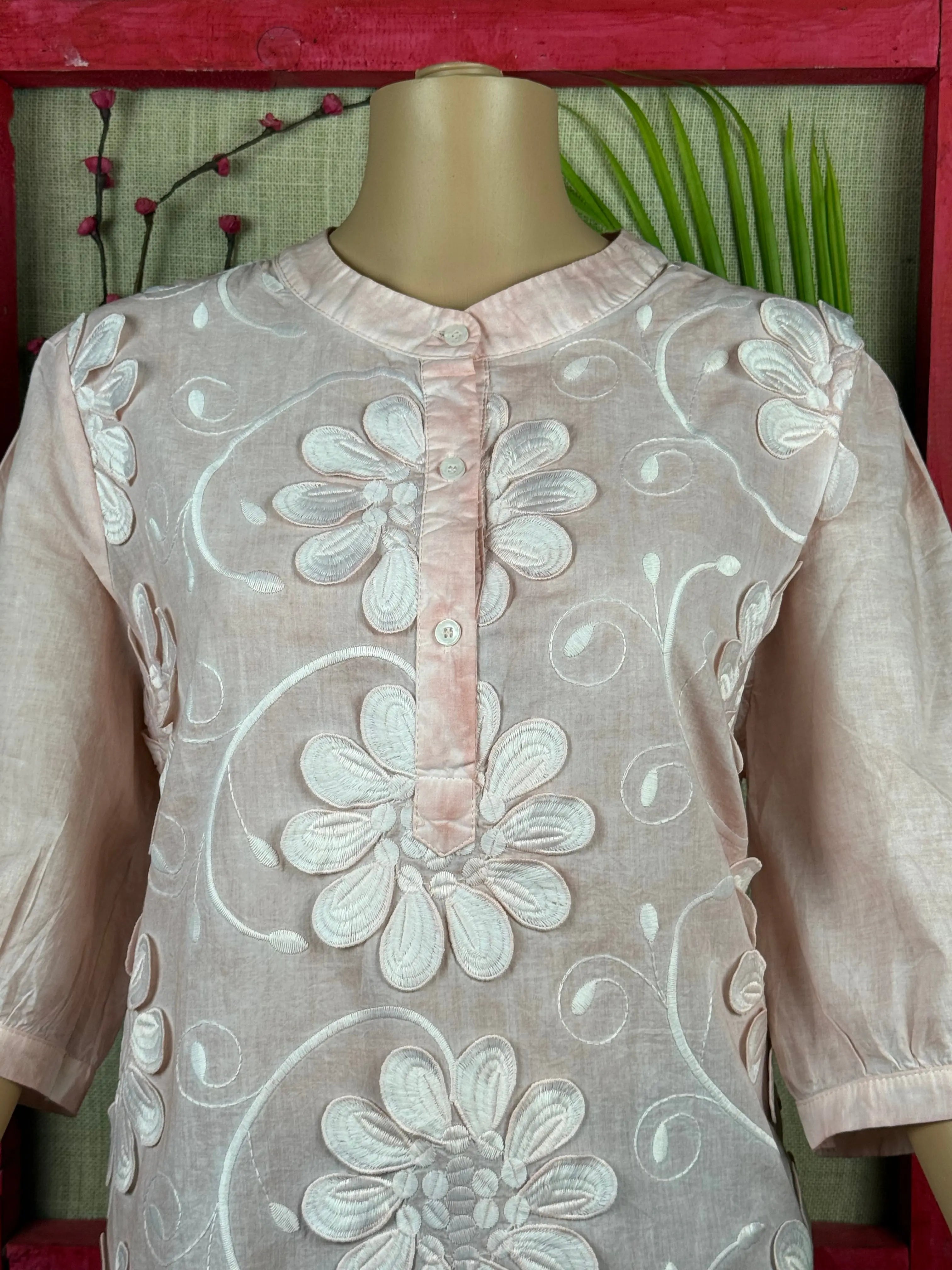 Pink Floral Schiffli Top With Puff Sleeves RAADVI