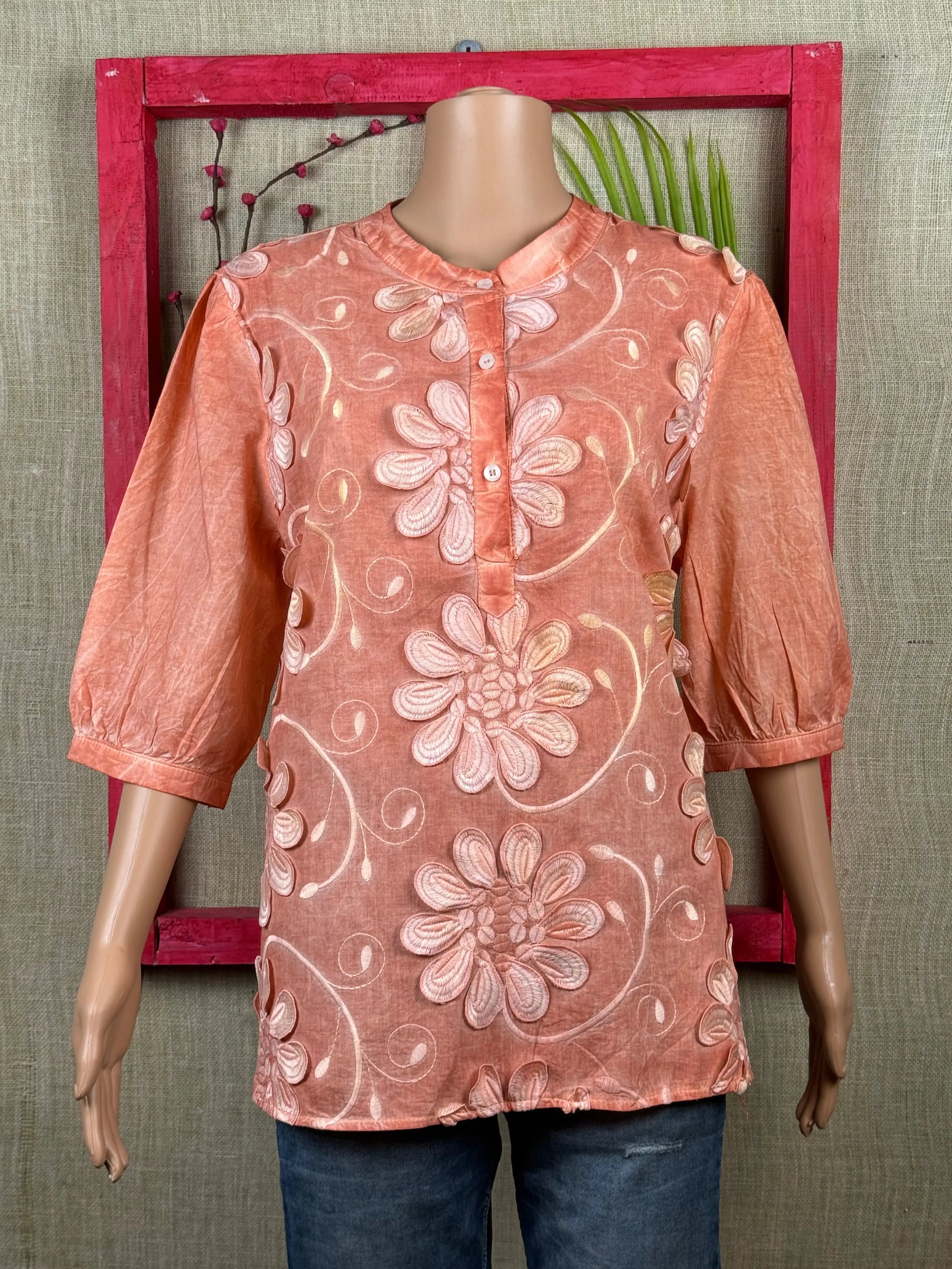 Orange Floral Schiffli Top With Puff Sleeves RAADVI