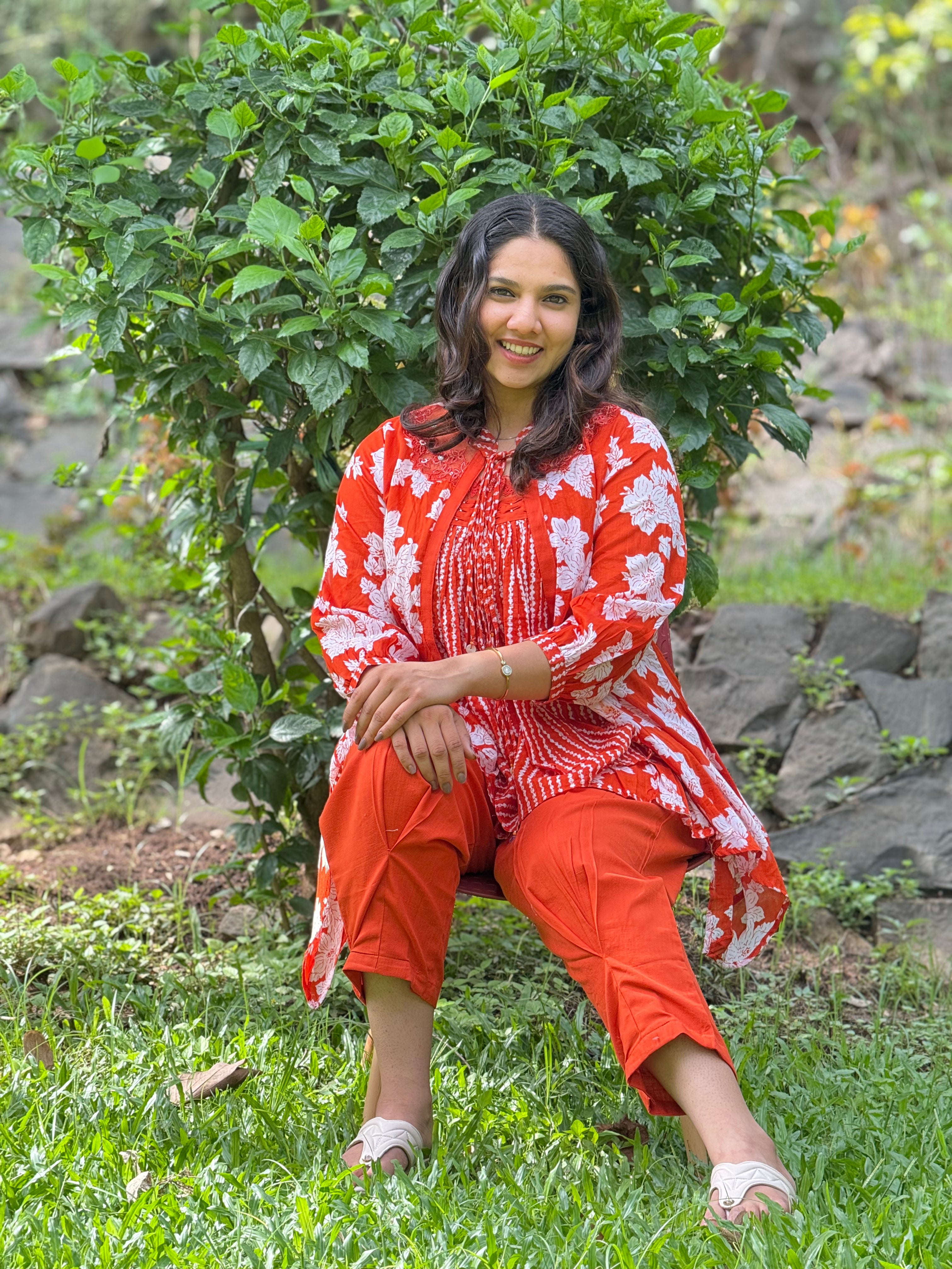 3 Piece Orange Printed Cotton Co-Ord Set RAADVI