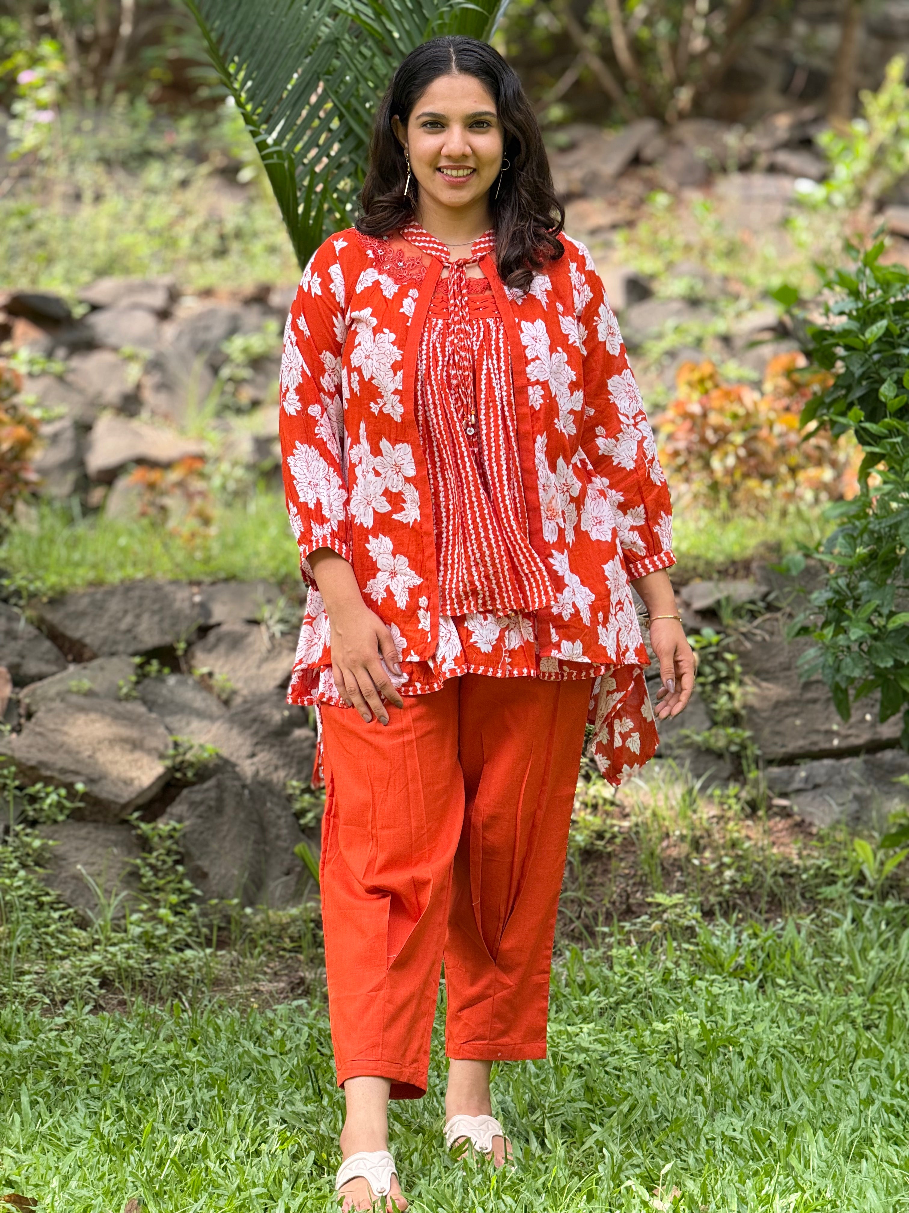 3 Piece Orange Printed Cotton Co-Ord Set RAADVI