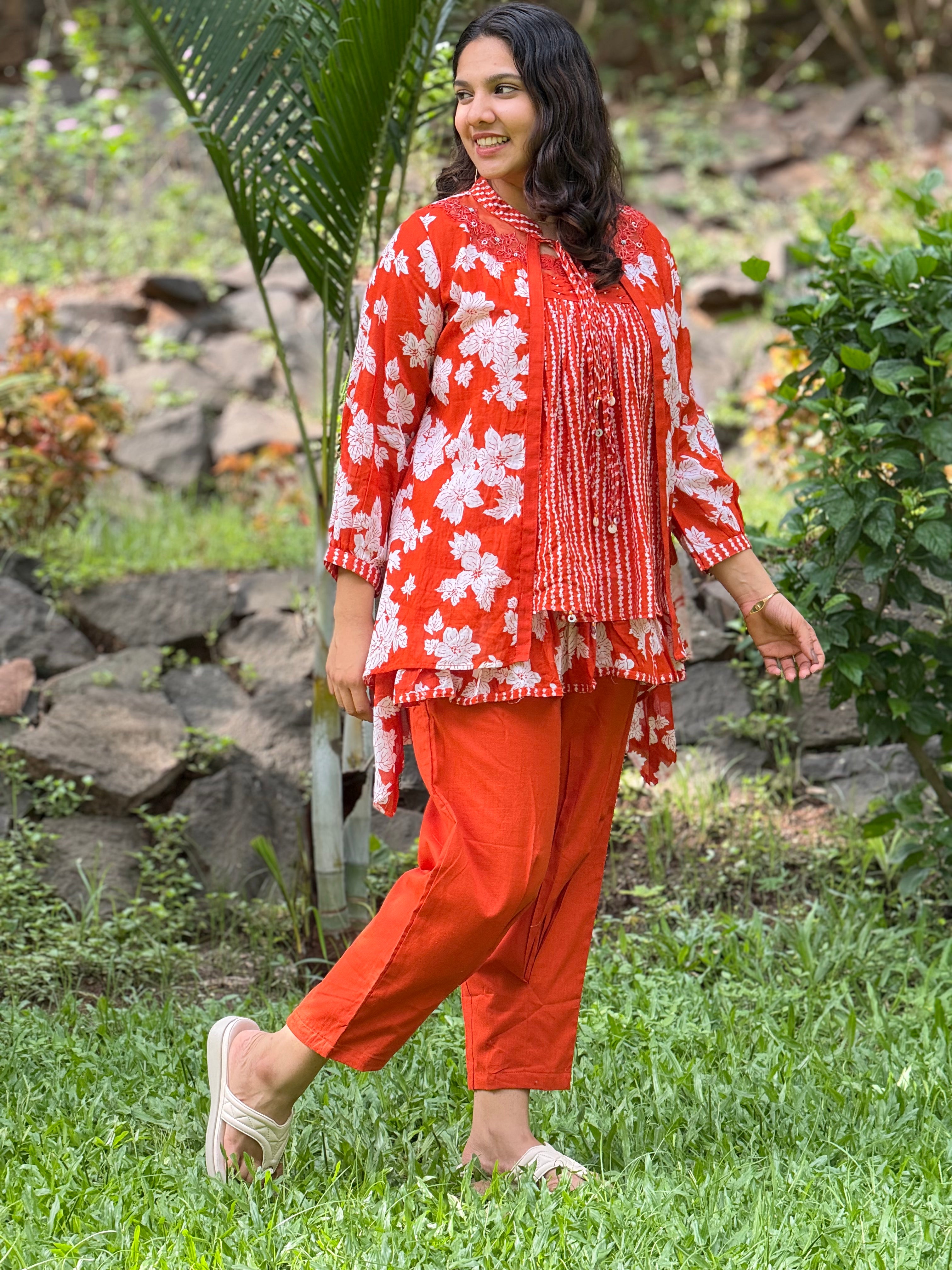 3 Piece Orange Printed Cotton Co-Ord Set RAADVI