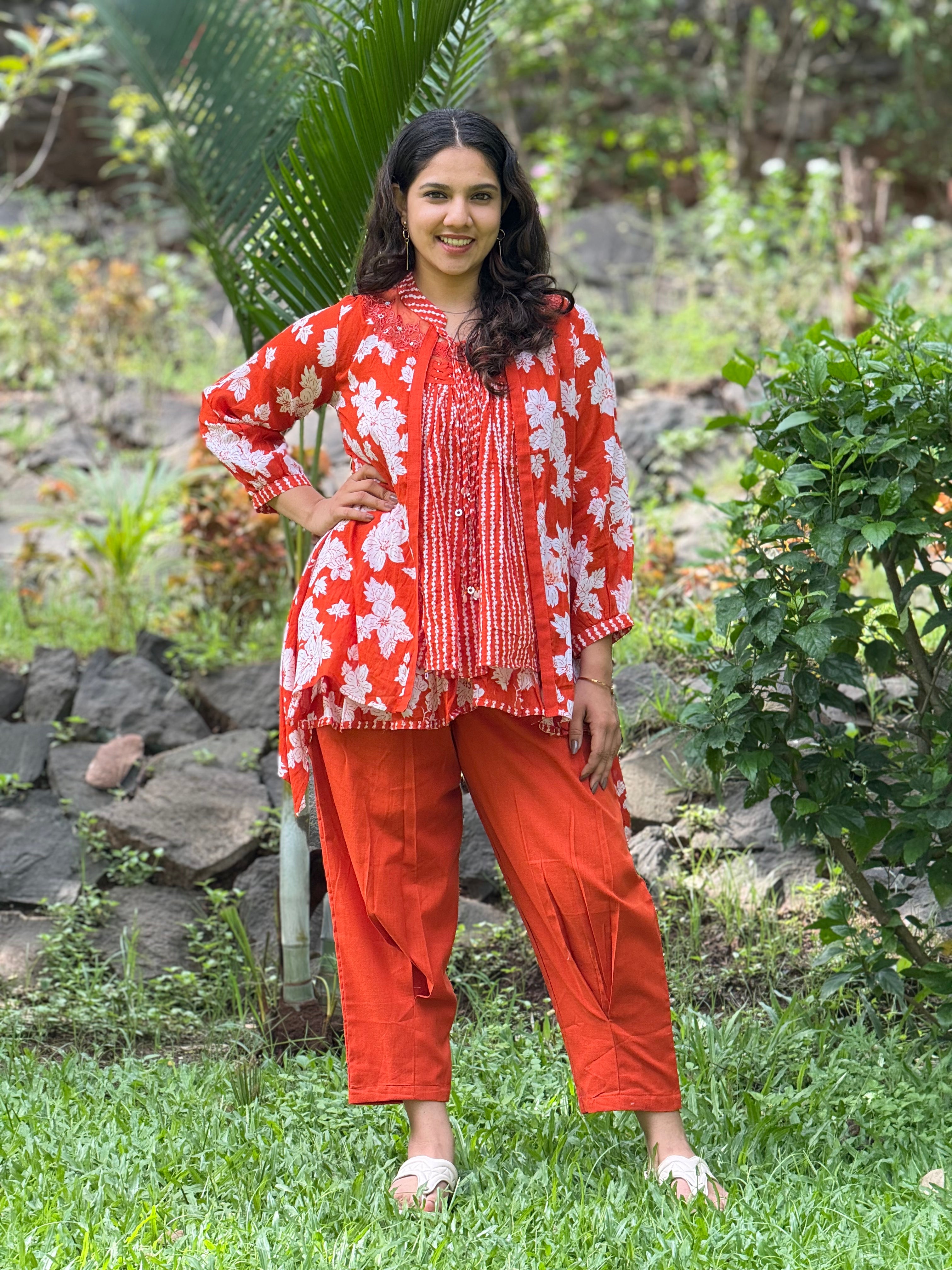 3 Piece Orange Printed Cotton Co-Ord Set RAADVI