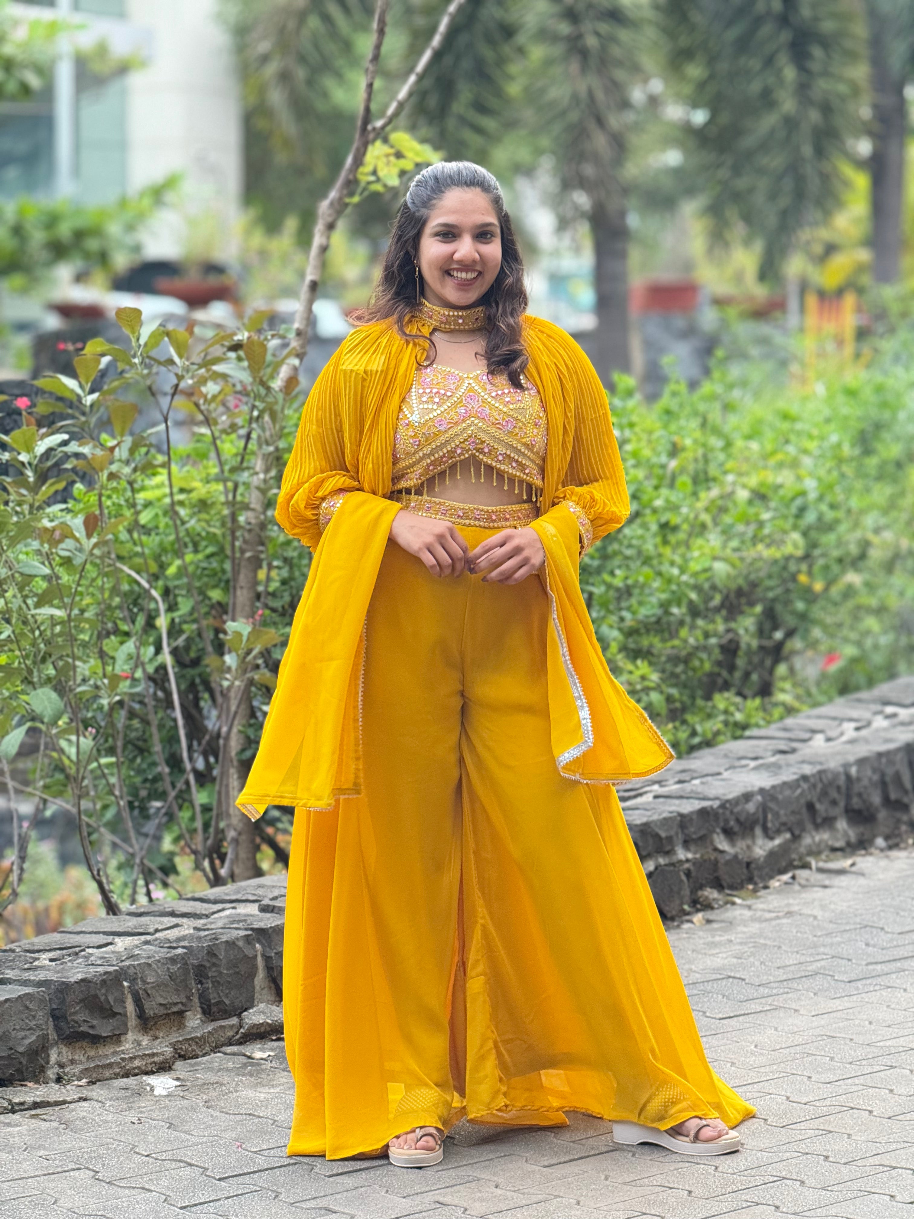 Embellished Yellow Crop Top Palazzo Set RAADVI