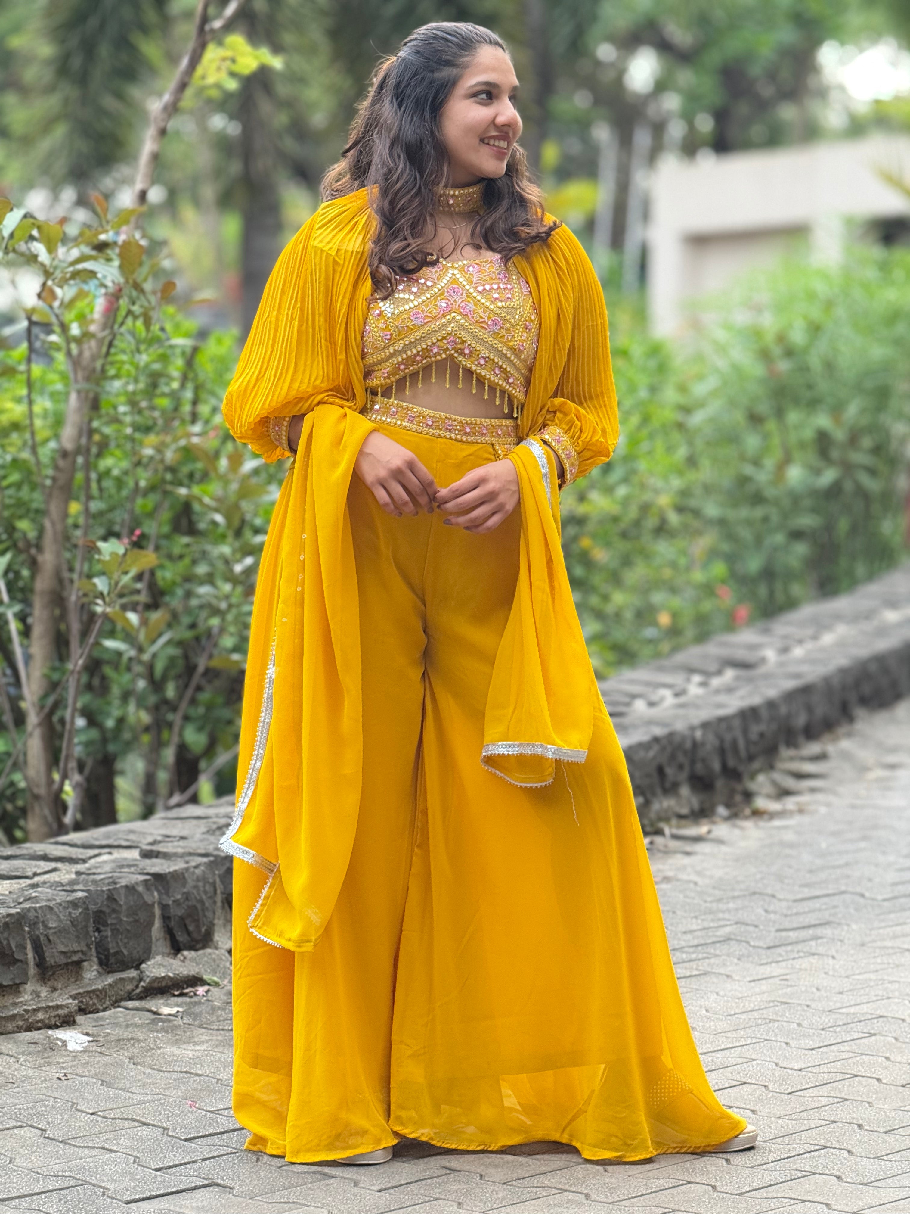 Embellished Yellow Crop Top Palazzo Set RAADVI