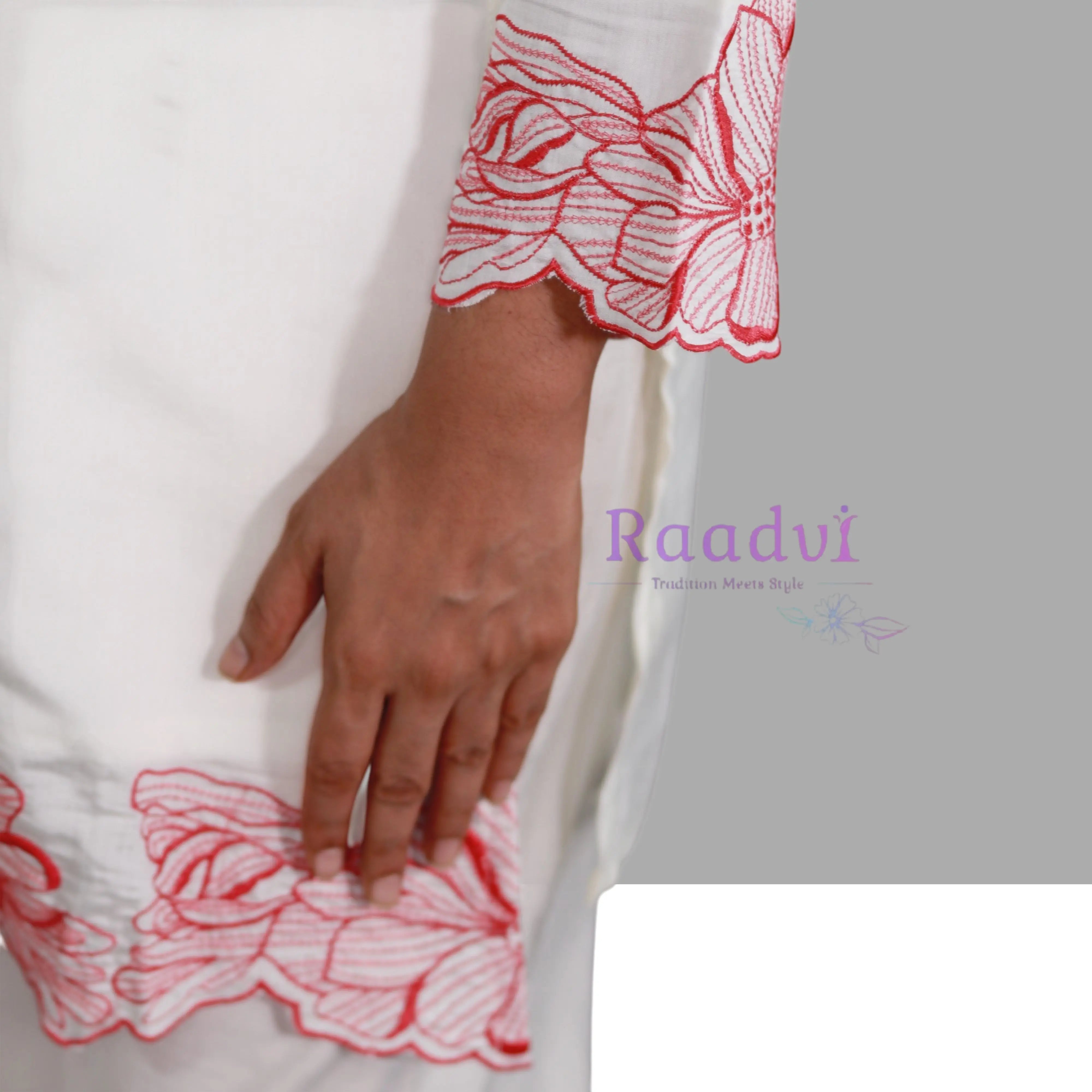 Embroidered White Floral Satin Cotton Co-Ord Set RAADVI