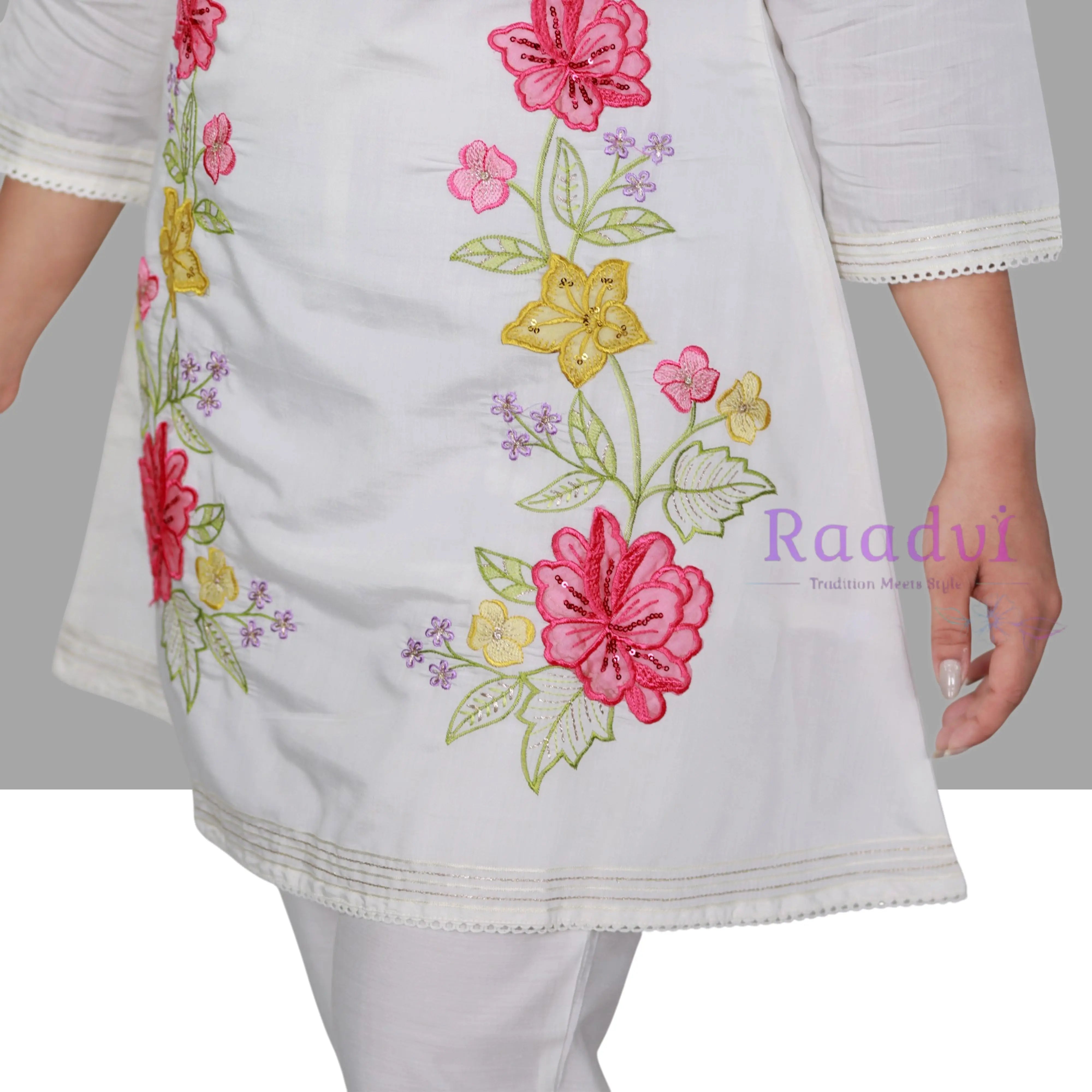 White Floral Embroidered Russian Silk Kurta Set RAADVI