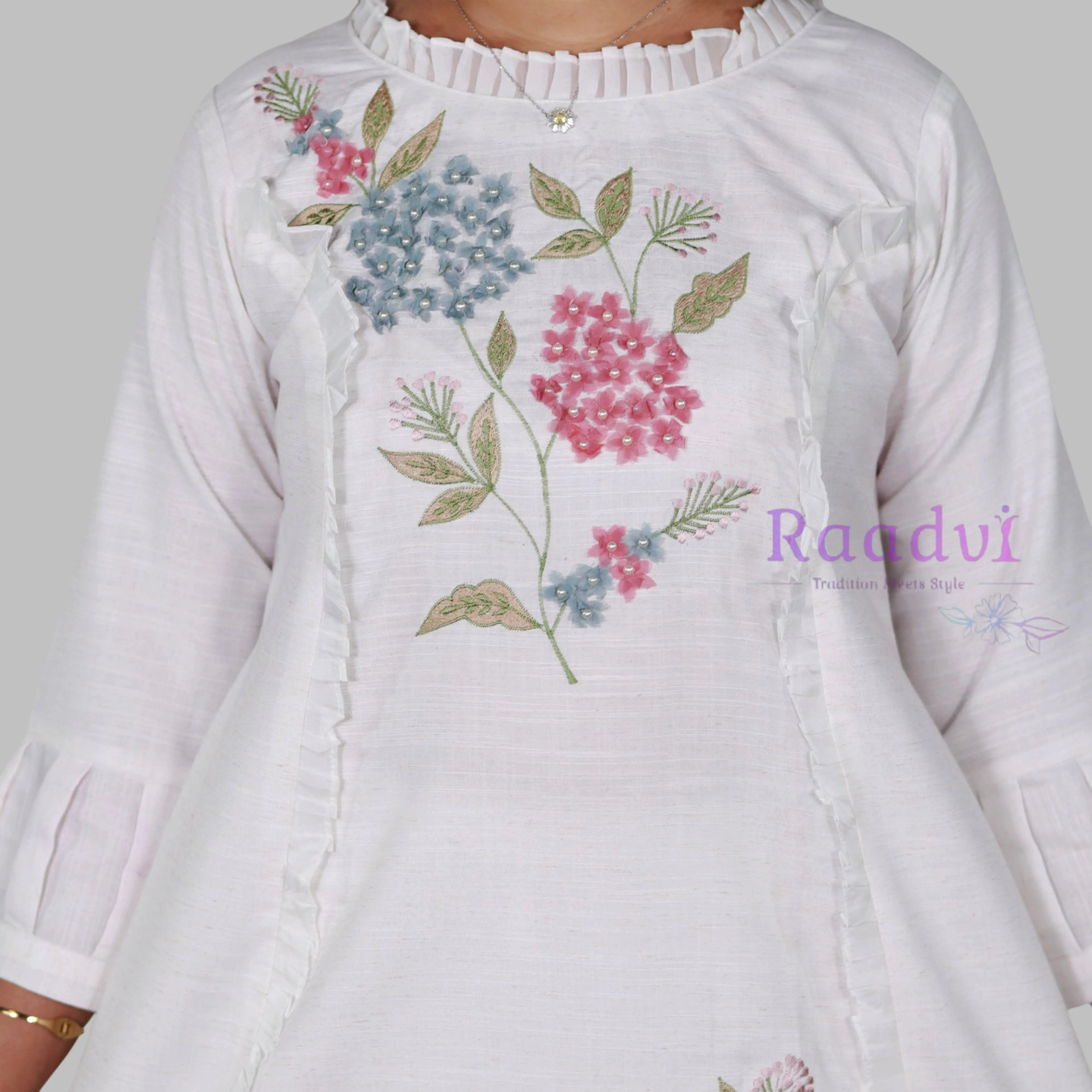 White Khadi Cotton Floral Embroidery Kurta Set RAADVI