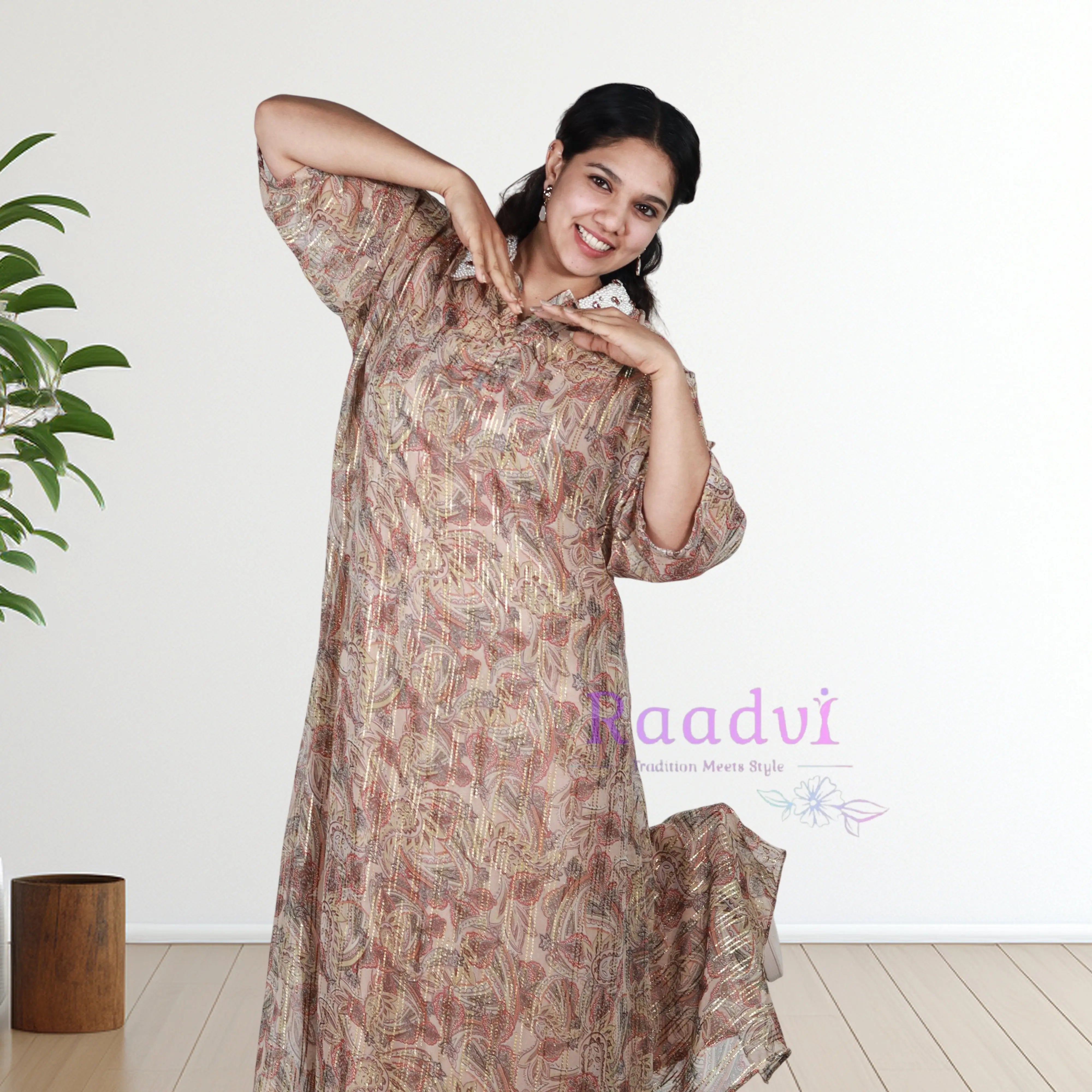 Bronze Embellished Pure Chiffon Dress RAADVI