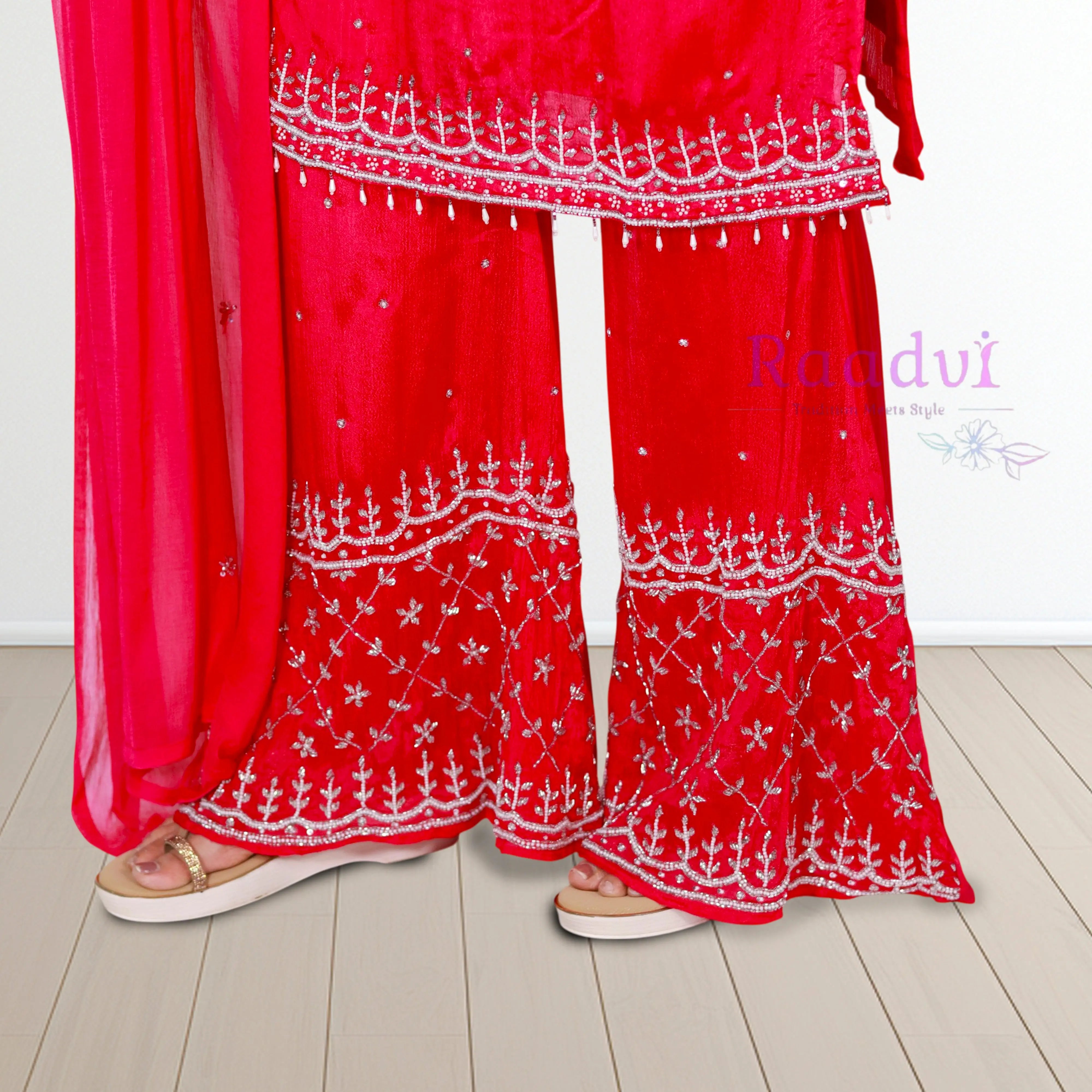 Embelished Pink Pure Chiffon Kurta Palazzo Suit RAADVI