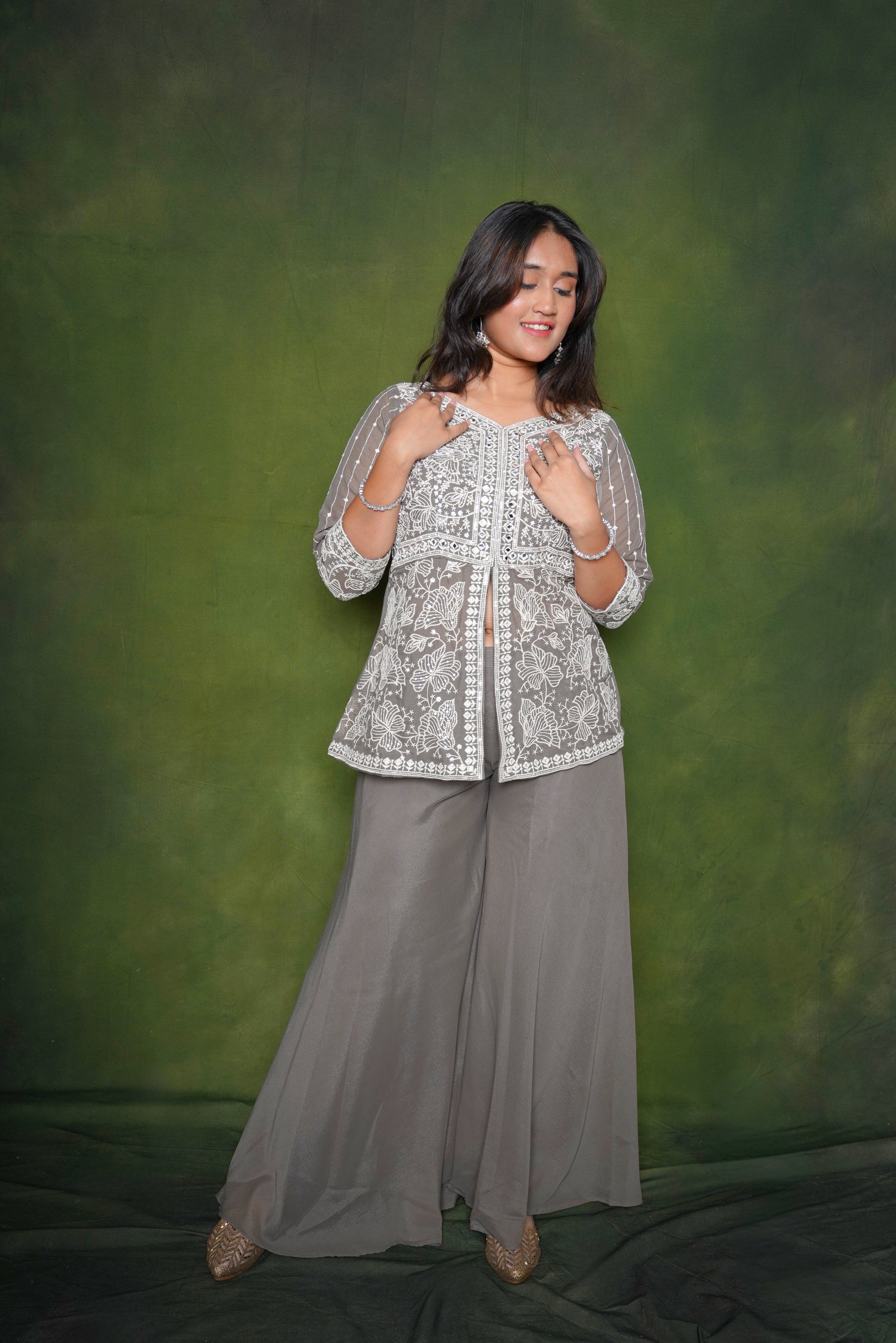 Embroidered Gray Crop Top Palazzo Set RAADVI