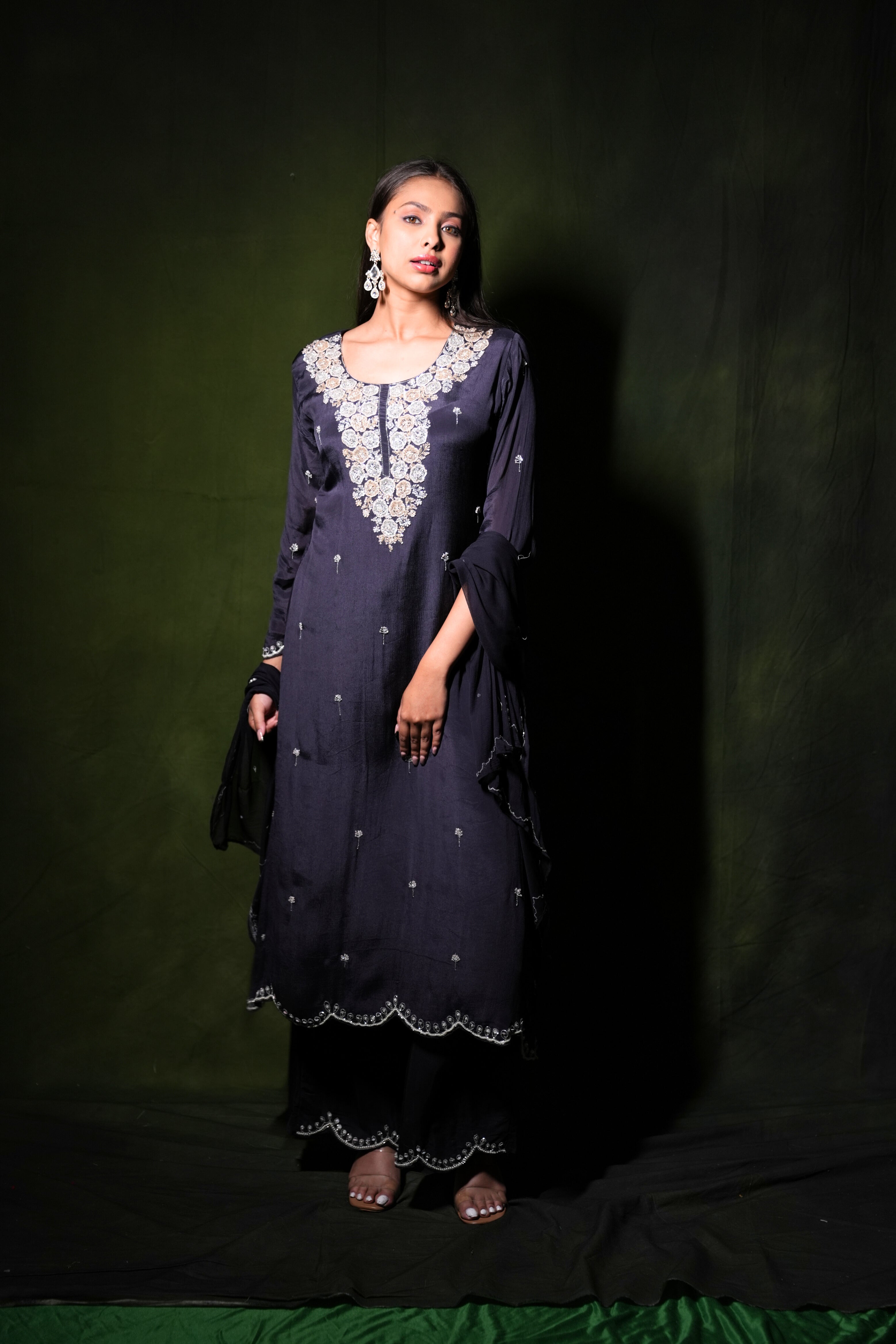 Embellished Floral Black Pure Chinnon Suit RAADVI