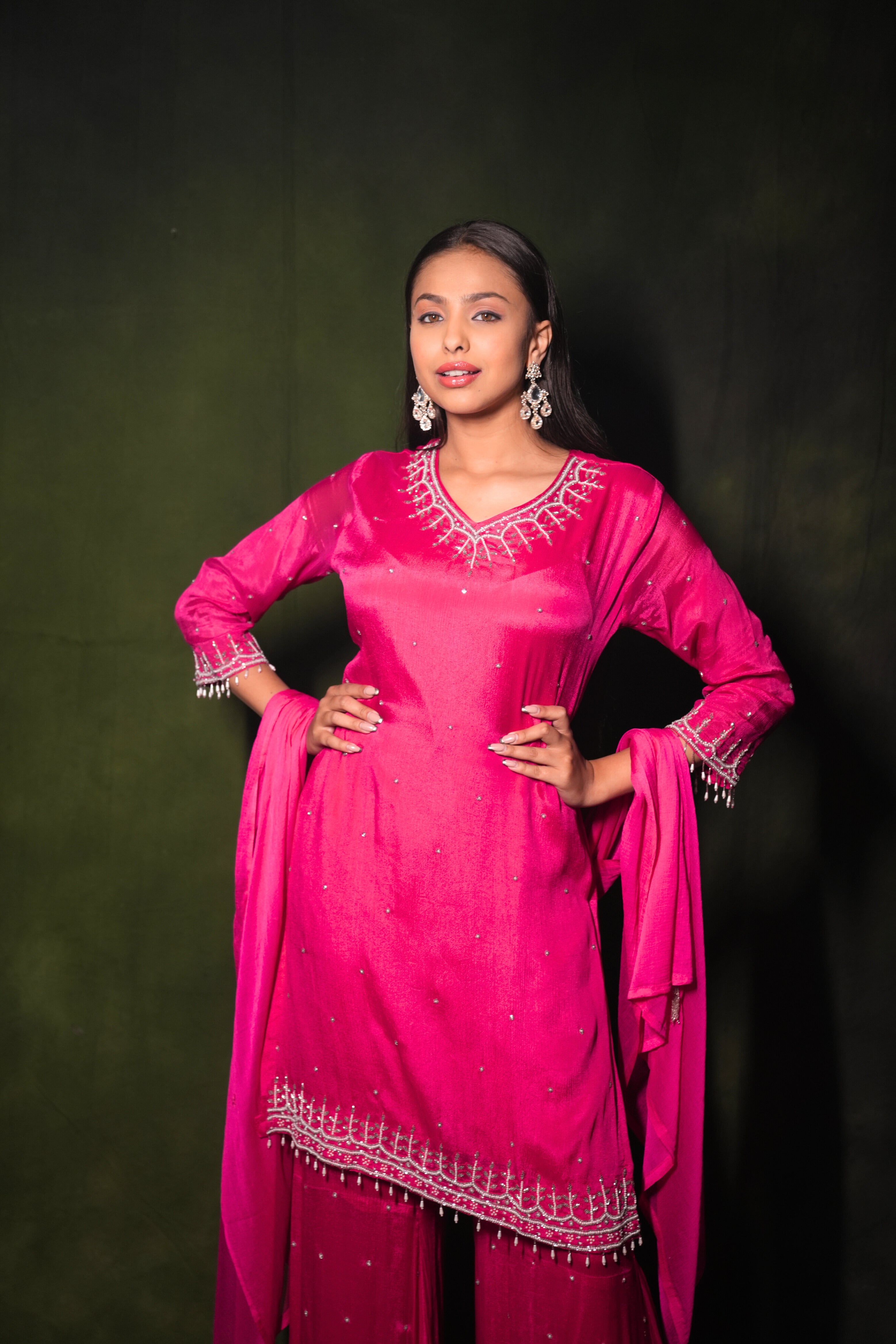 Embelished Pink Pure Chiffon Kurta Palazzo Suit RAADVI