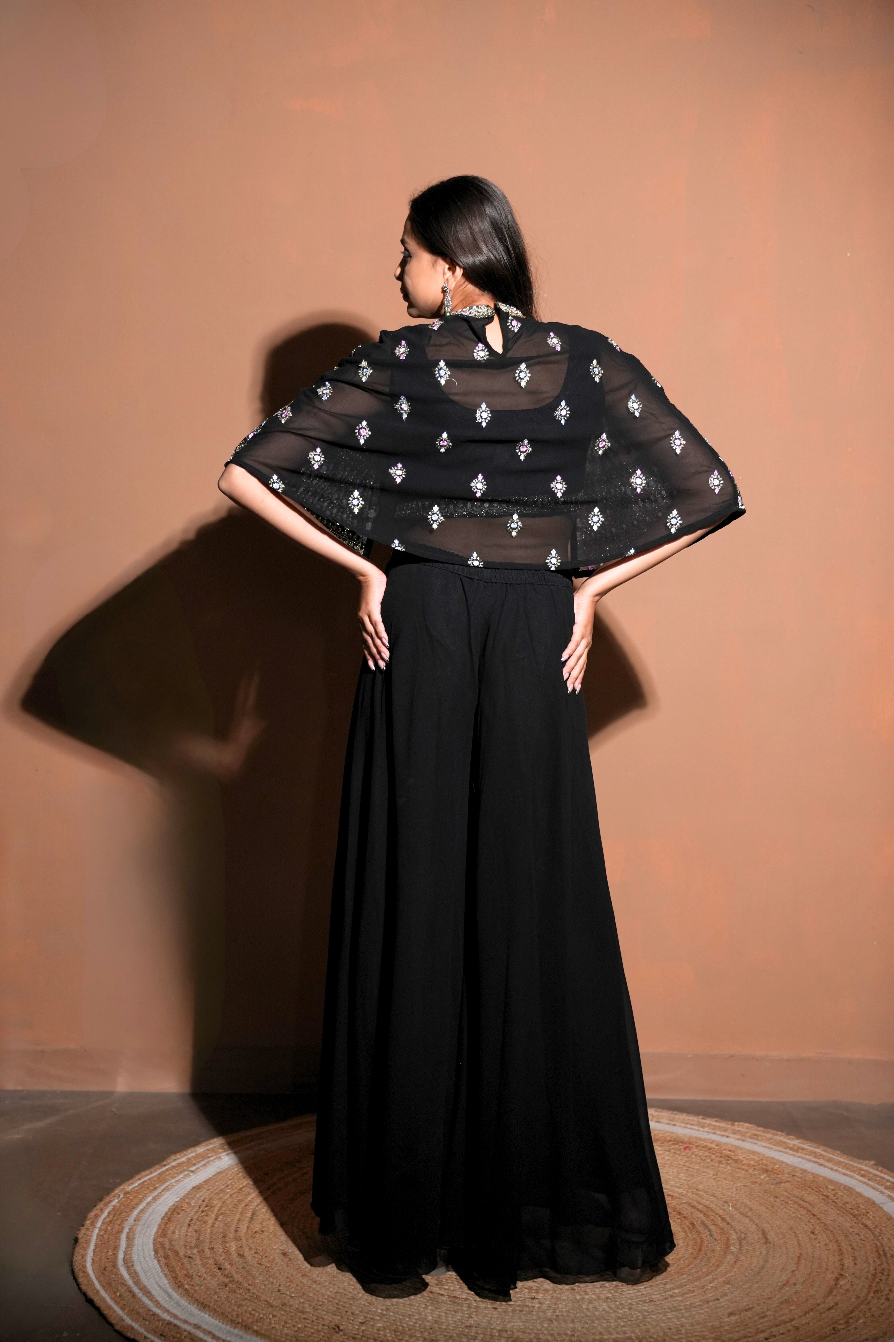 Embellished Black Crop Top Palazzo Set RAADVI