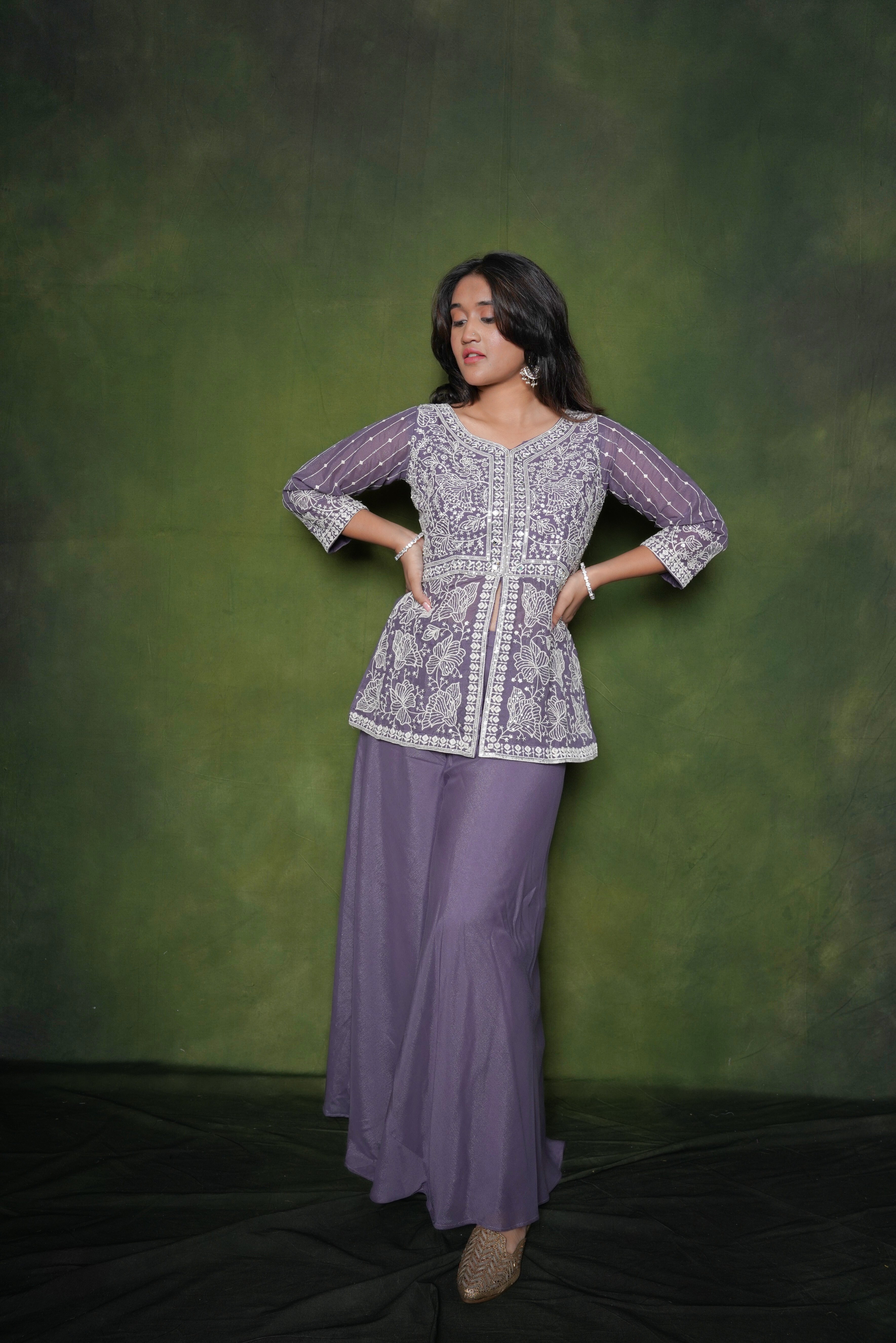 Embroidered Lavender Crop Top Palazzo Set RAADVI