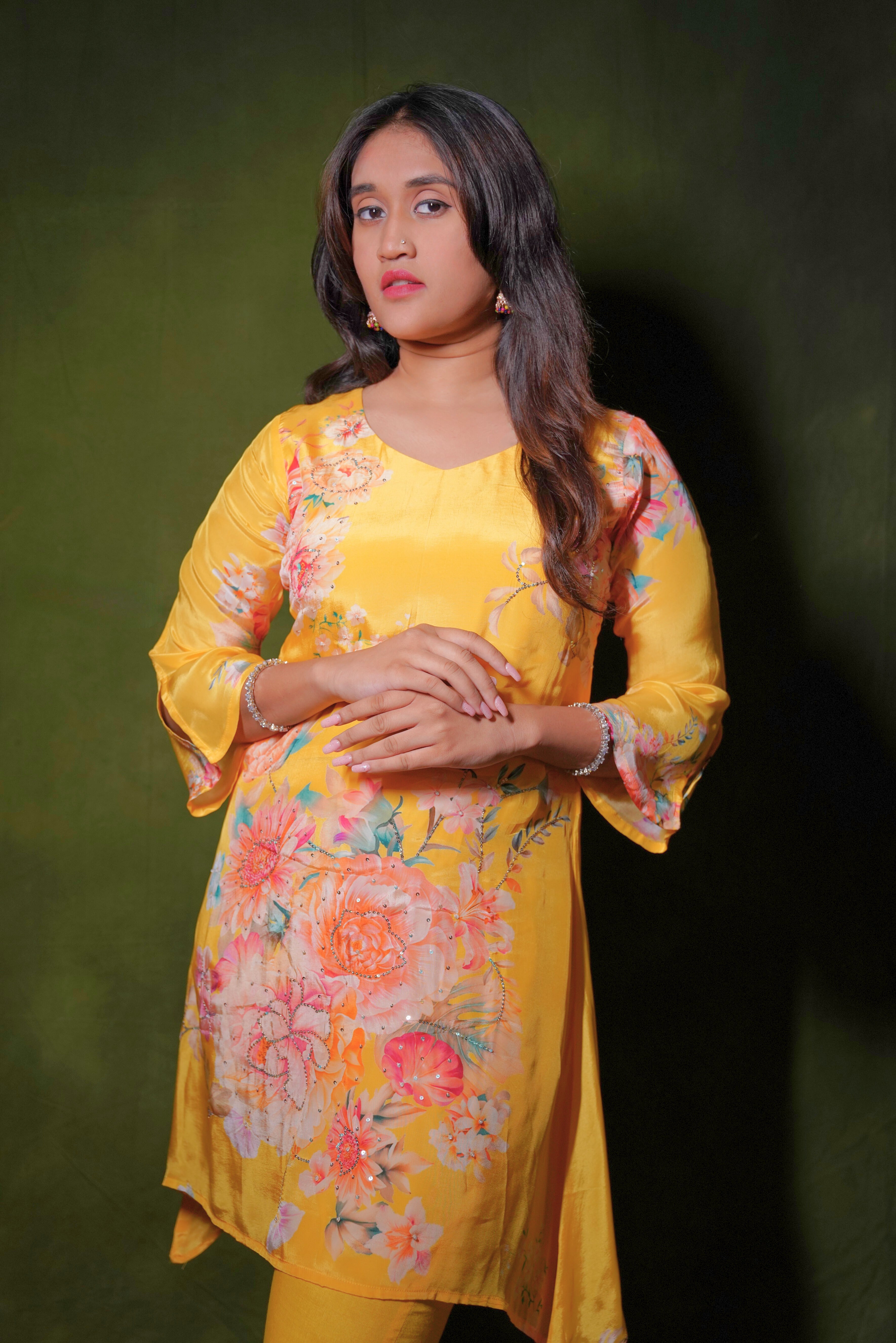 Yellow Pure Crepe Embellished Kurta Set RAADVI