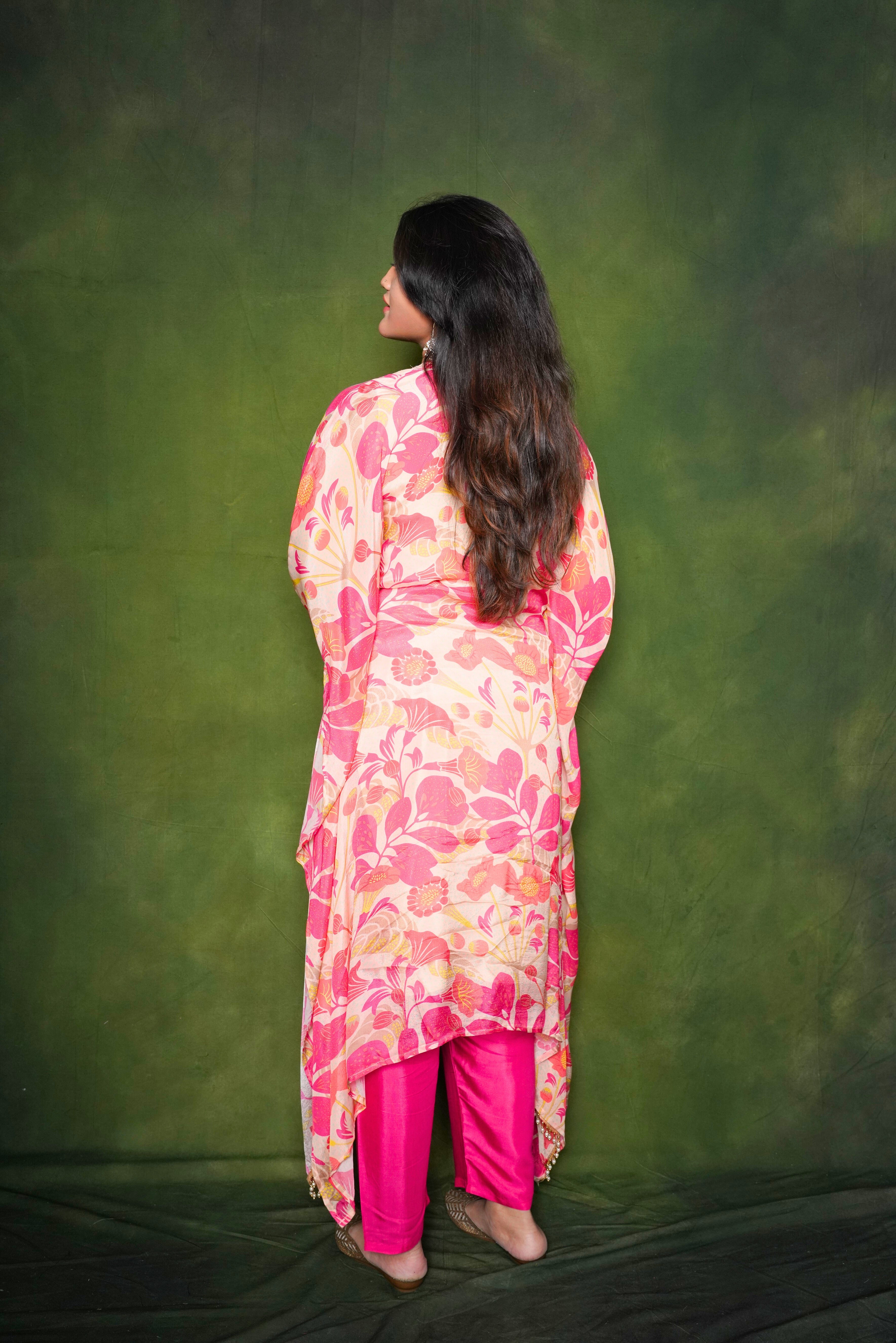Peach Pure Crepe Embellished Kaftan Set RAADVI