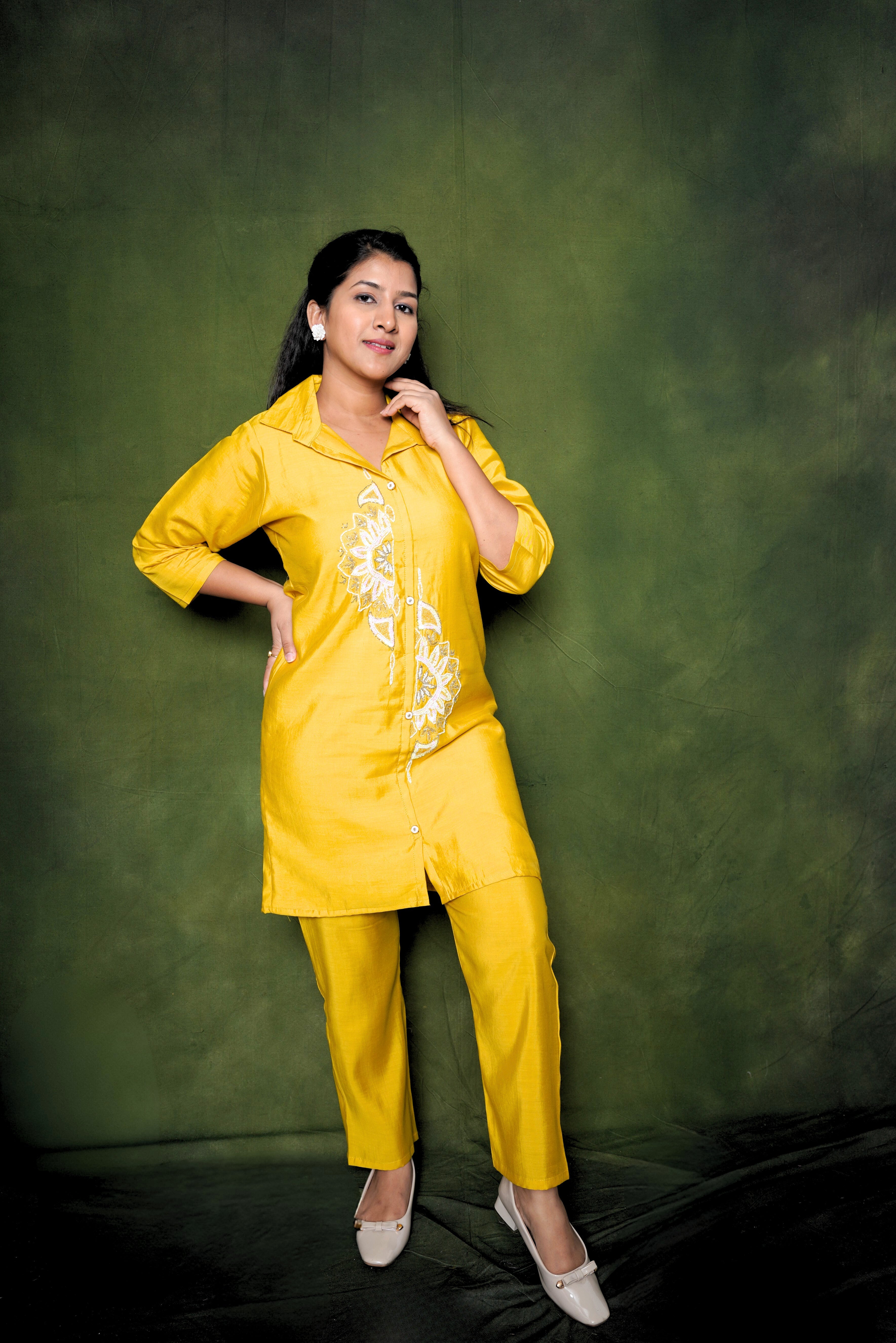 Embellished Yellow Roman Silk Co-Ord RAADVI