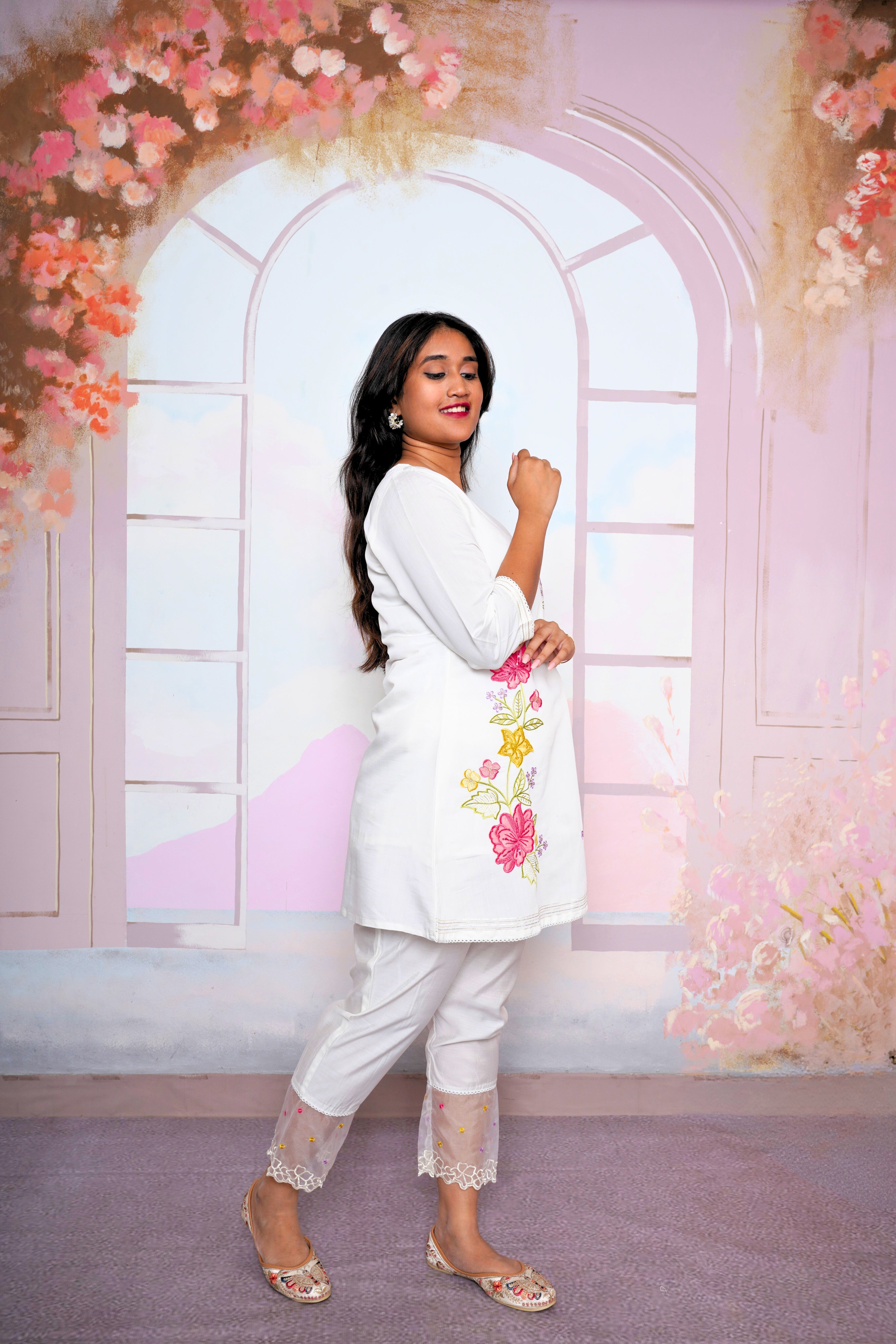 White Floral Embroidered Russian Silk Kurta Set RAADVI