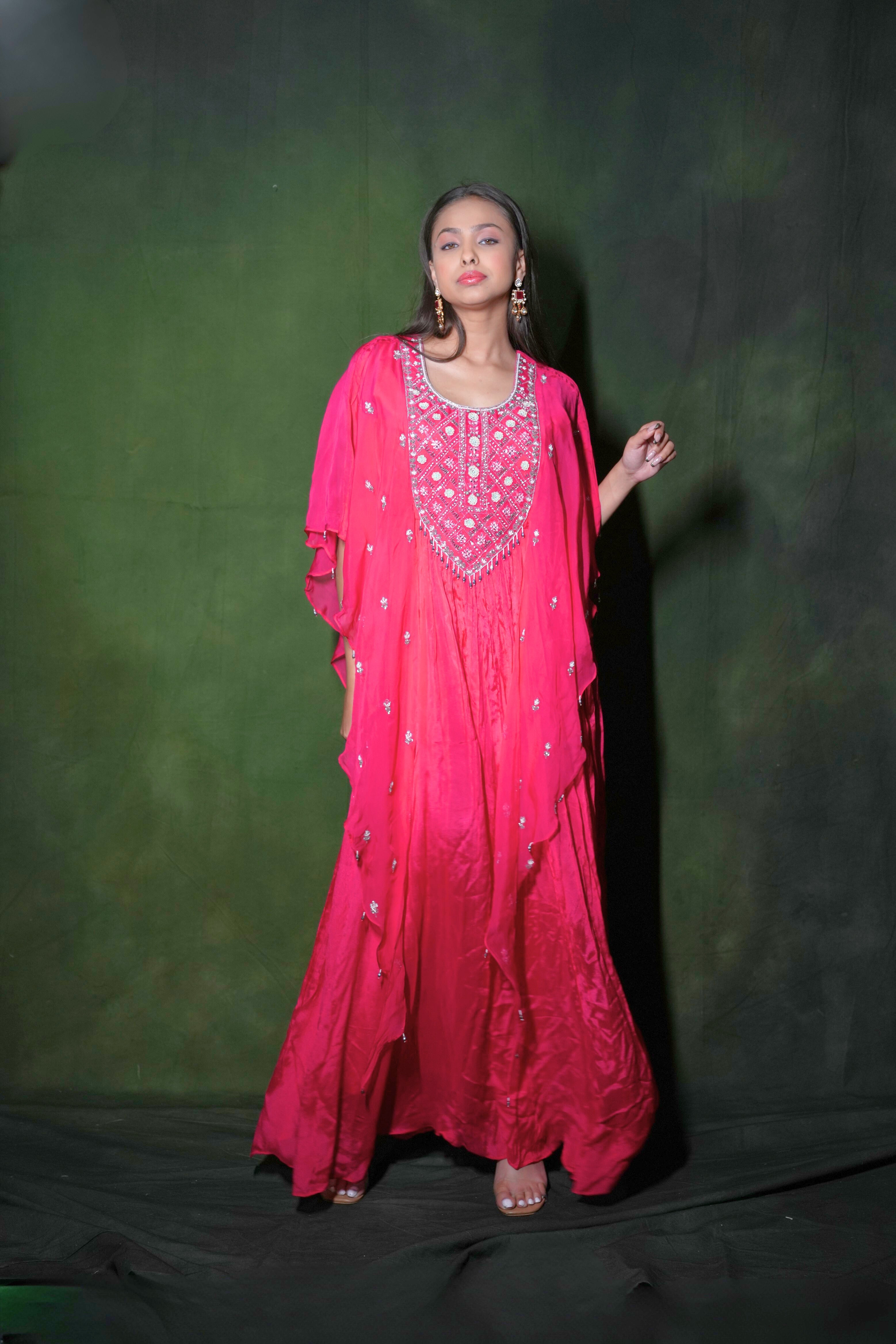 Pink Embellished Pure Chiffon Kaftan Dress RAADVI