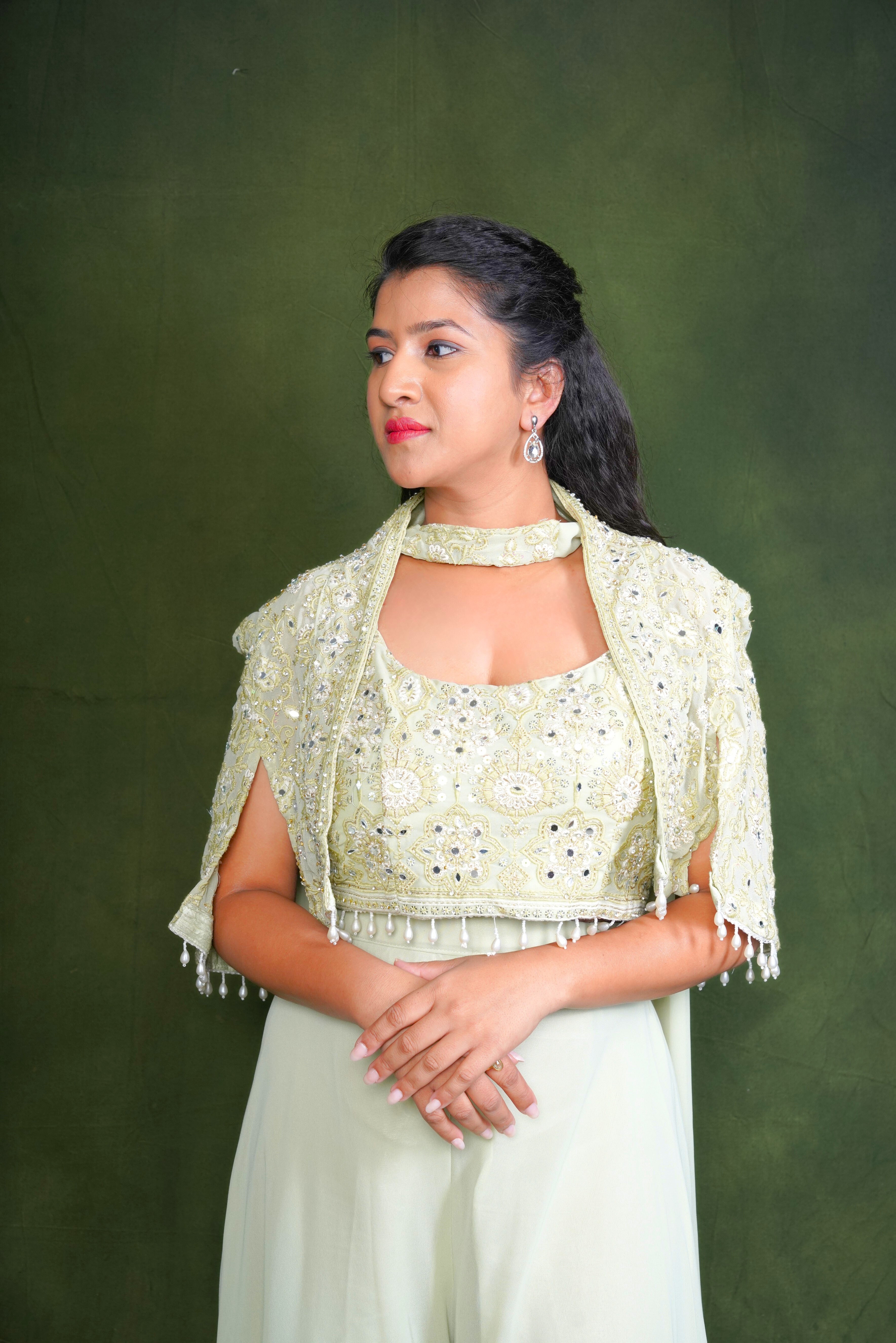 Embellished Light Green Crop Top Palazzo Set RAADVI