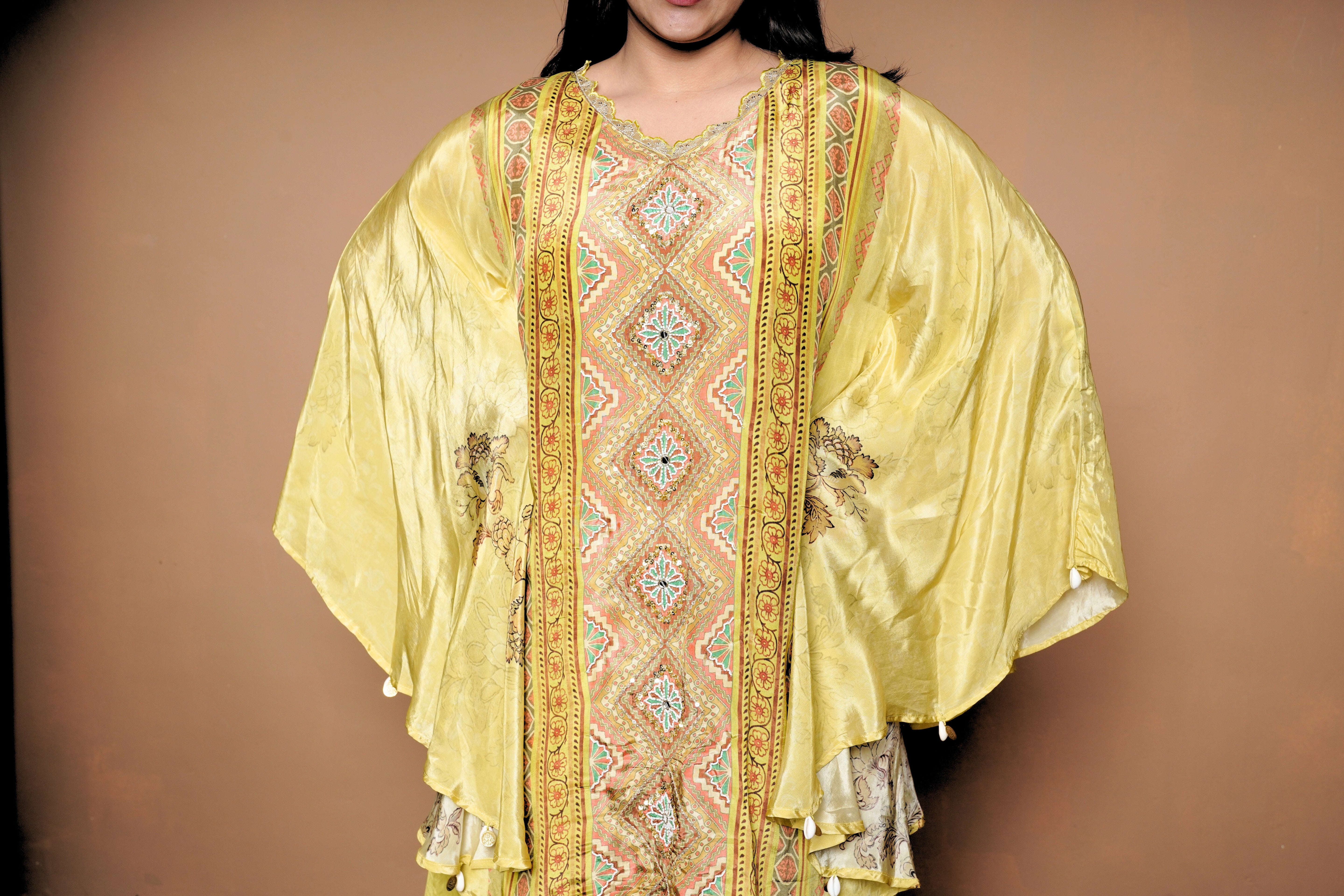 Digital Print Green Pure Crepe Kaftan Palazzo Set RAADVI