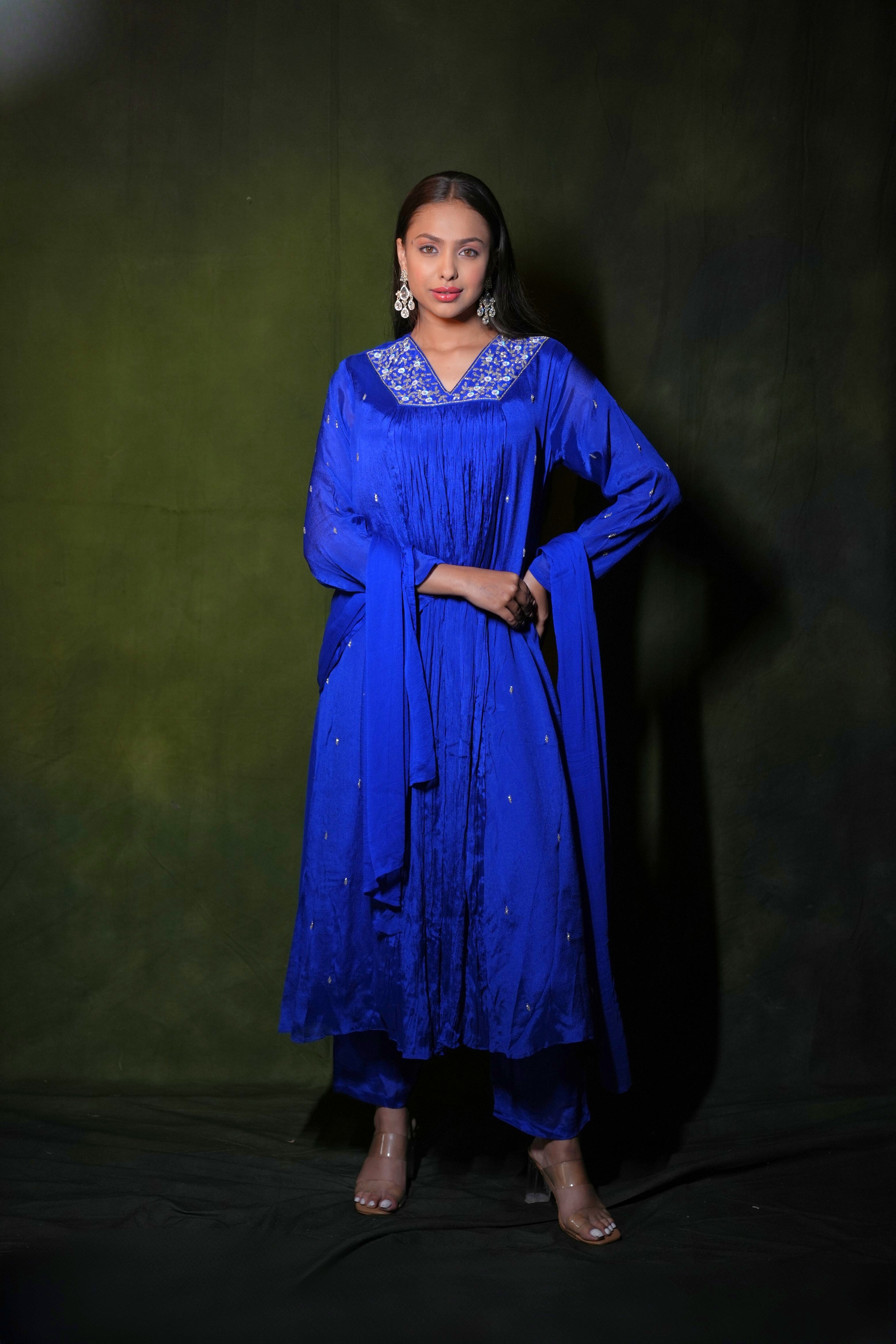 Embellished Pure Georgette Royal Blue Suit RAADVI