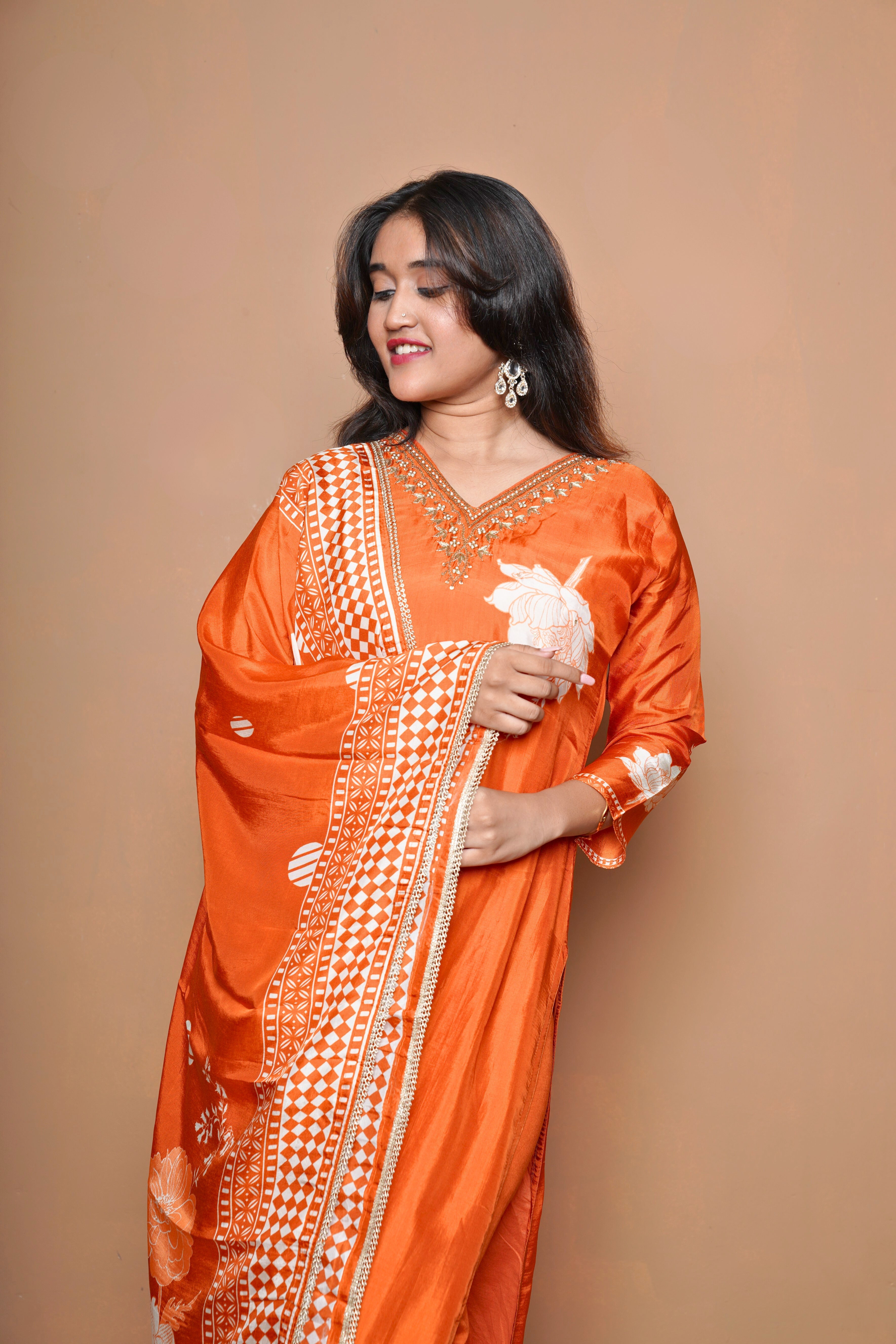 Orange Pure Russian Silk Hand Embroidery Suit RAADVI