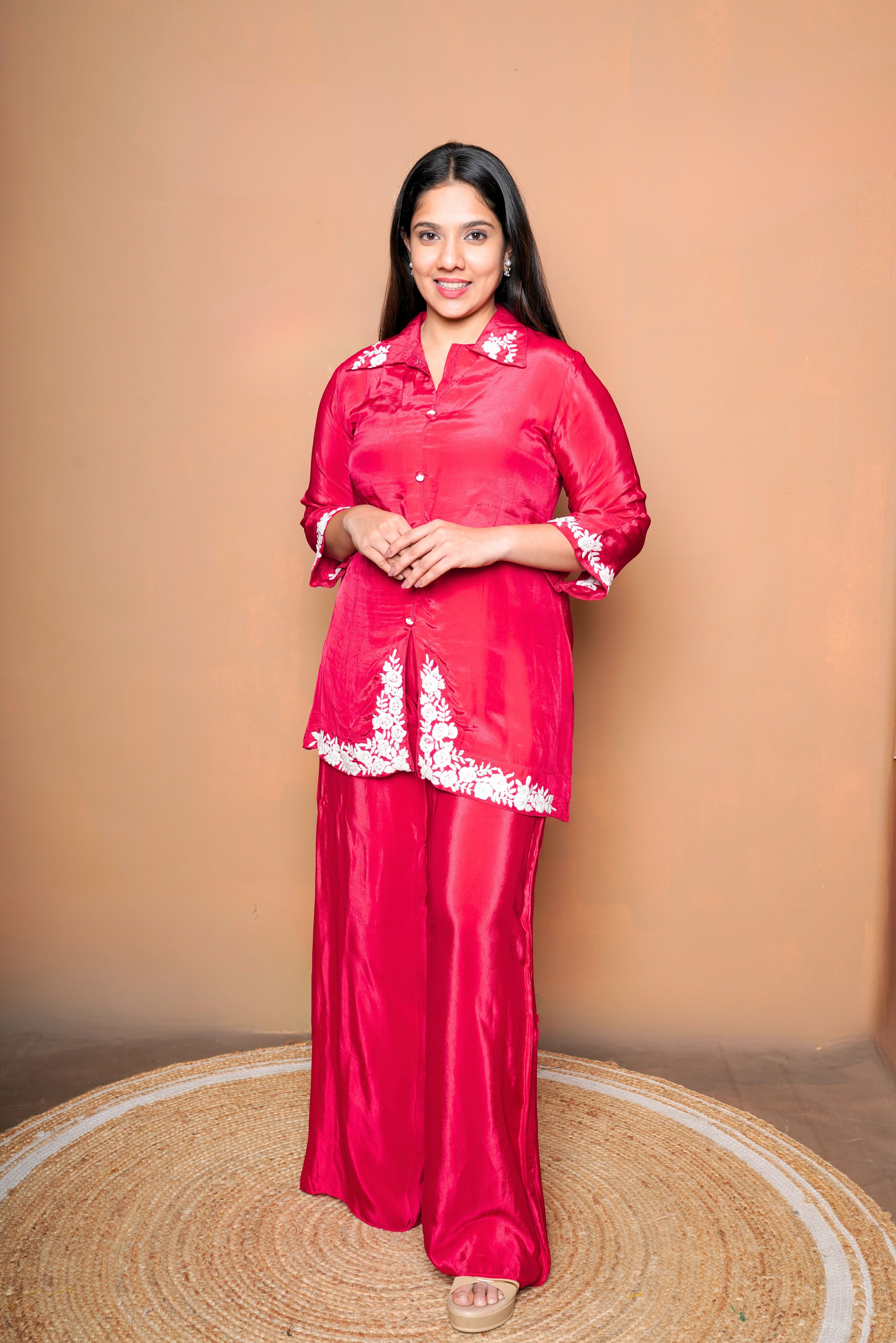 Embroidered Red Pure Chinnon Co-Ord Set RAADVI