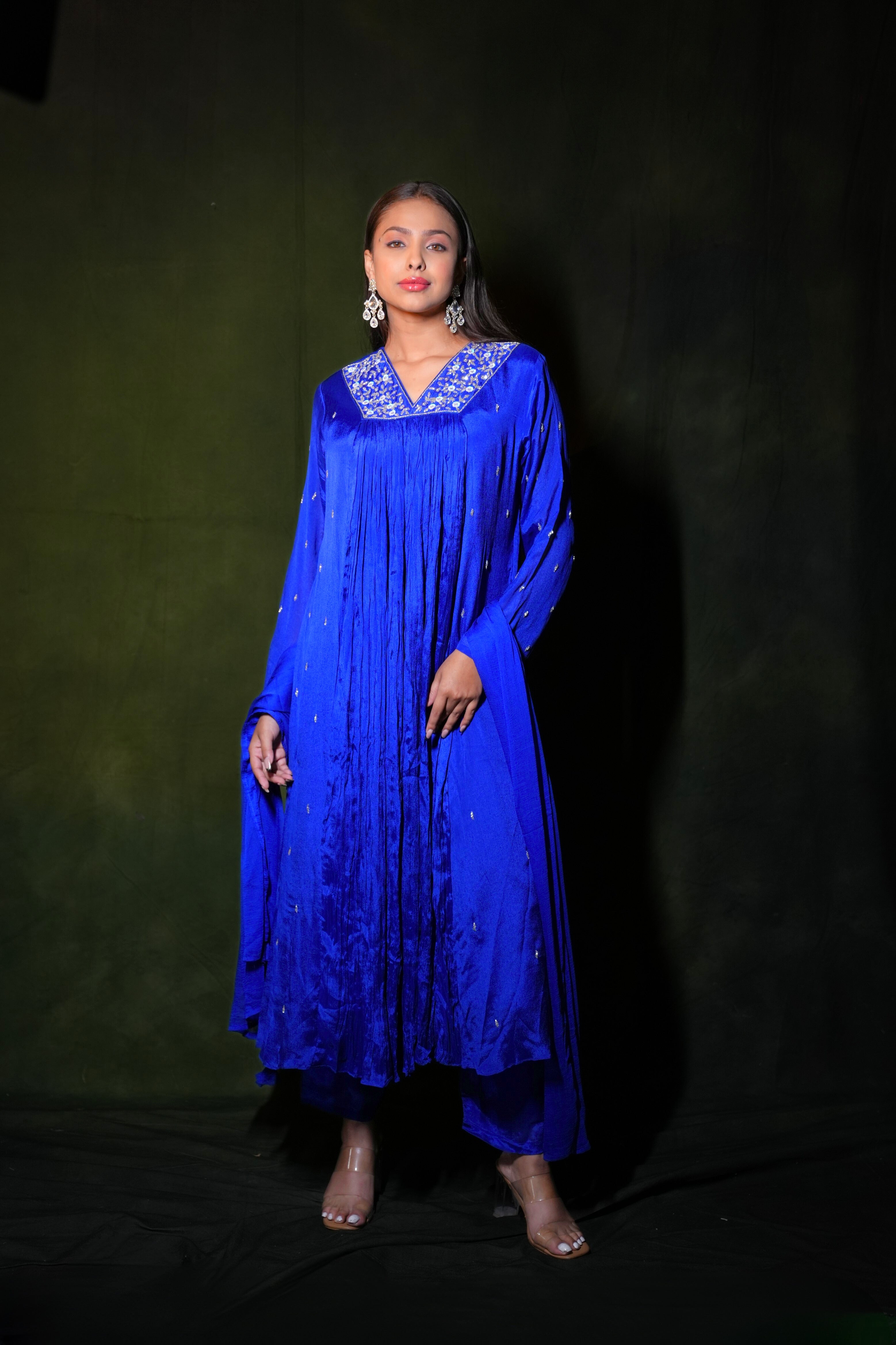 Embellished Pure Georgette Royal Blue Suit RAADVI