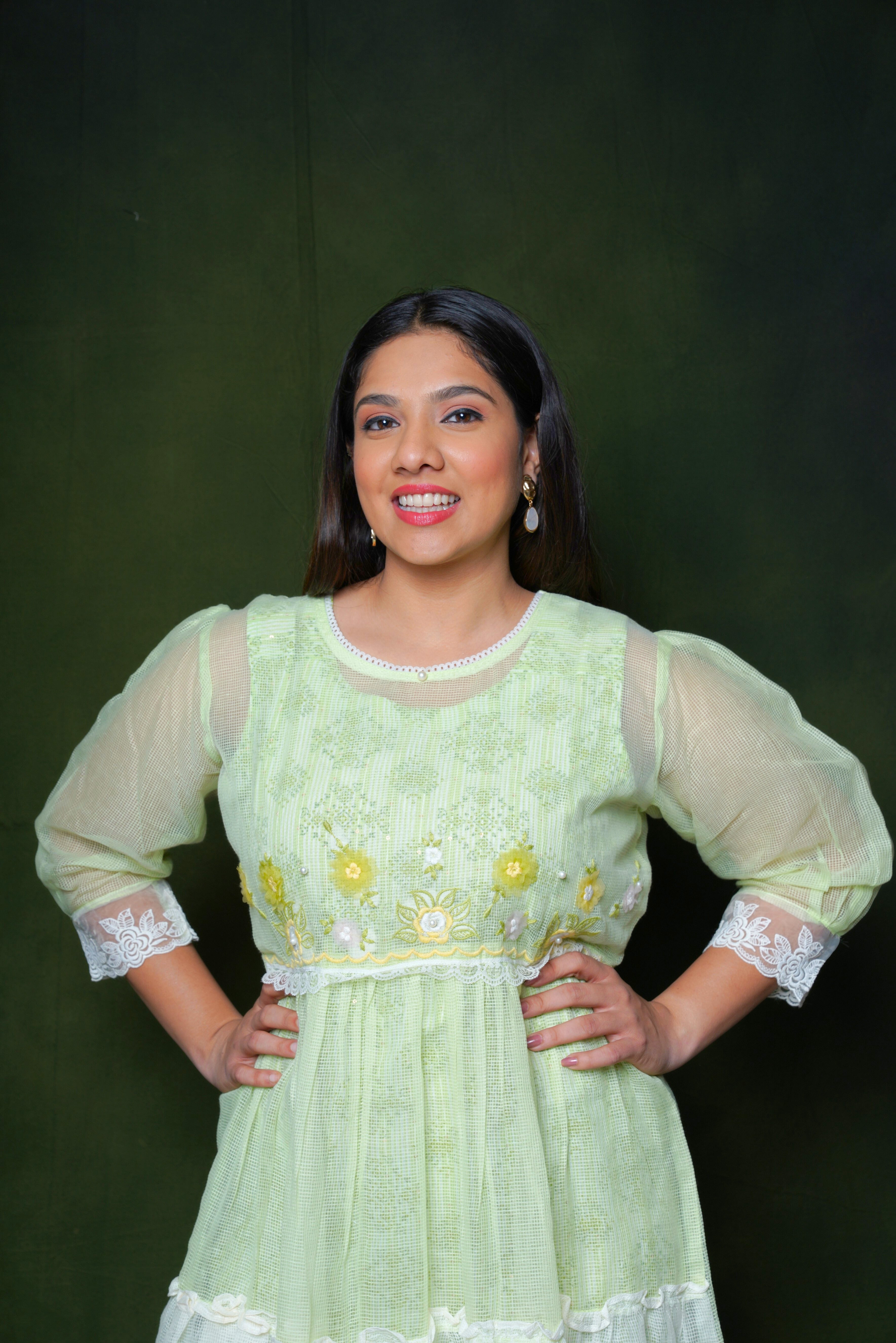 Green Kota Doria Lacy Dress RAADVI