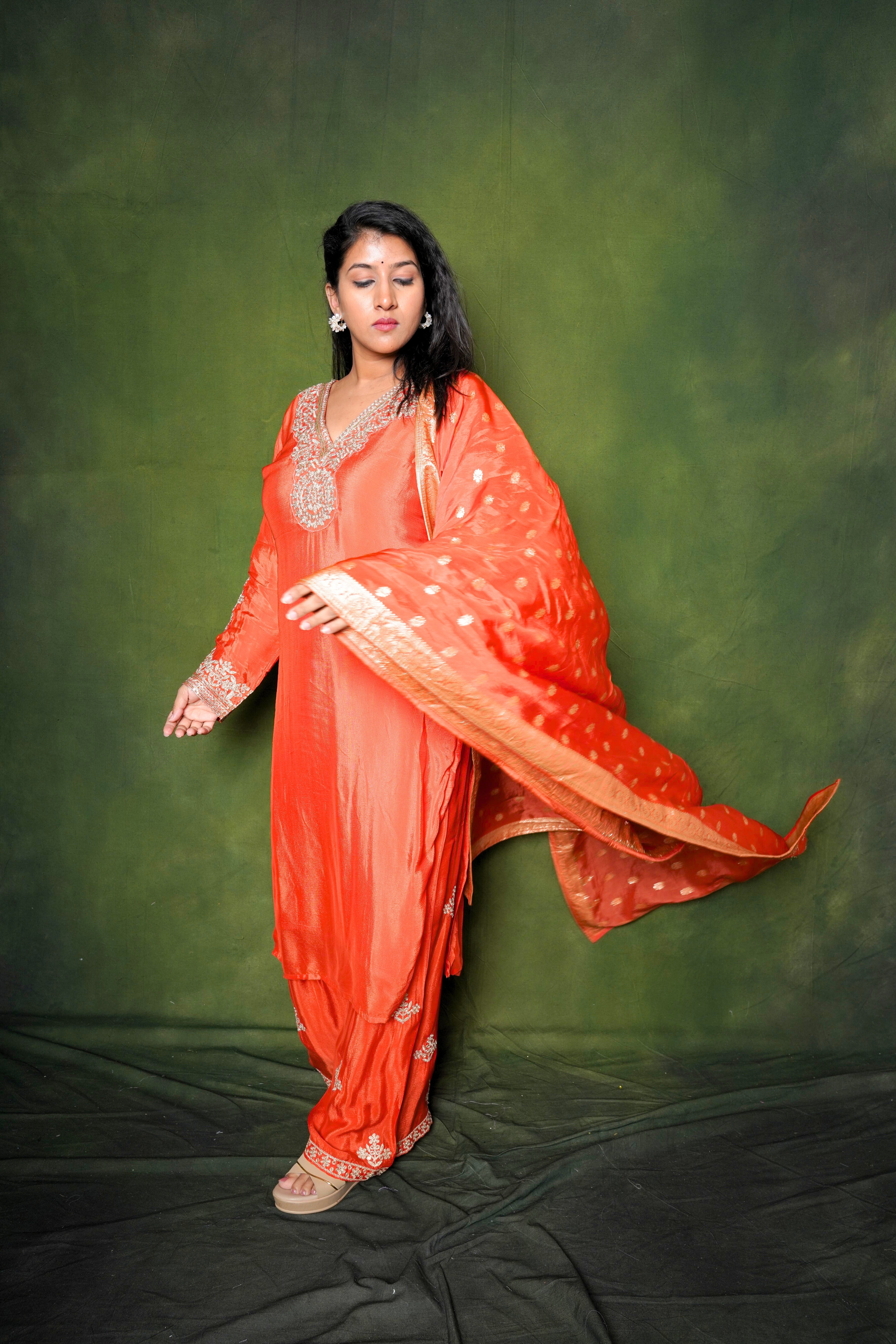 Embellished Orange Pure Georgette Suit Set RAADVI