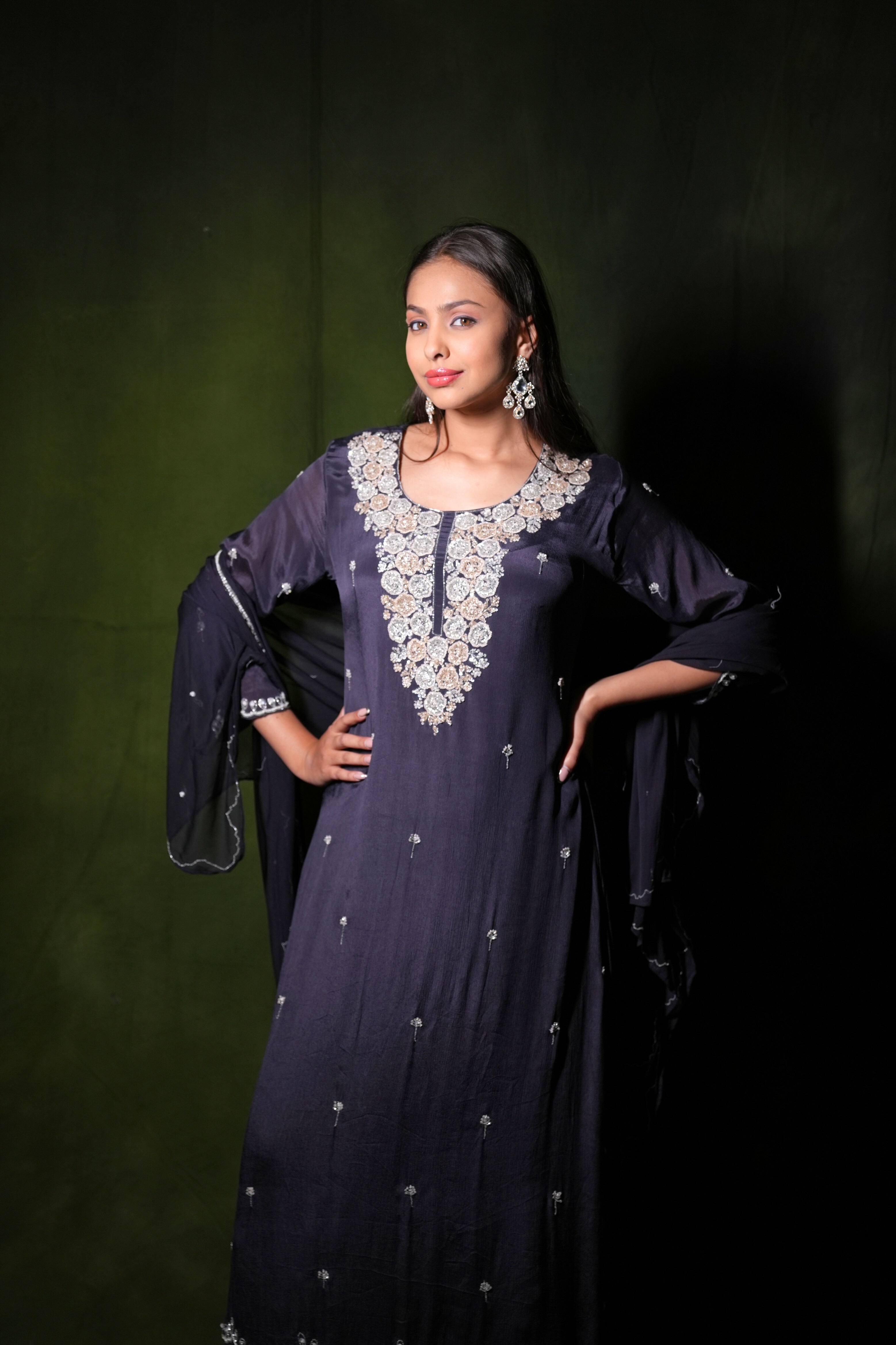Embellished Floral Black Pure Chinnon Suit RAADVI