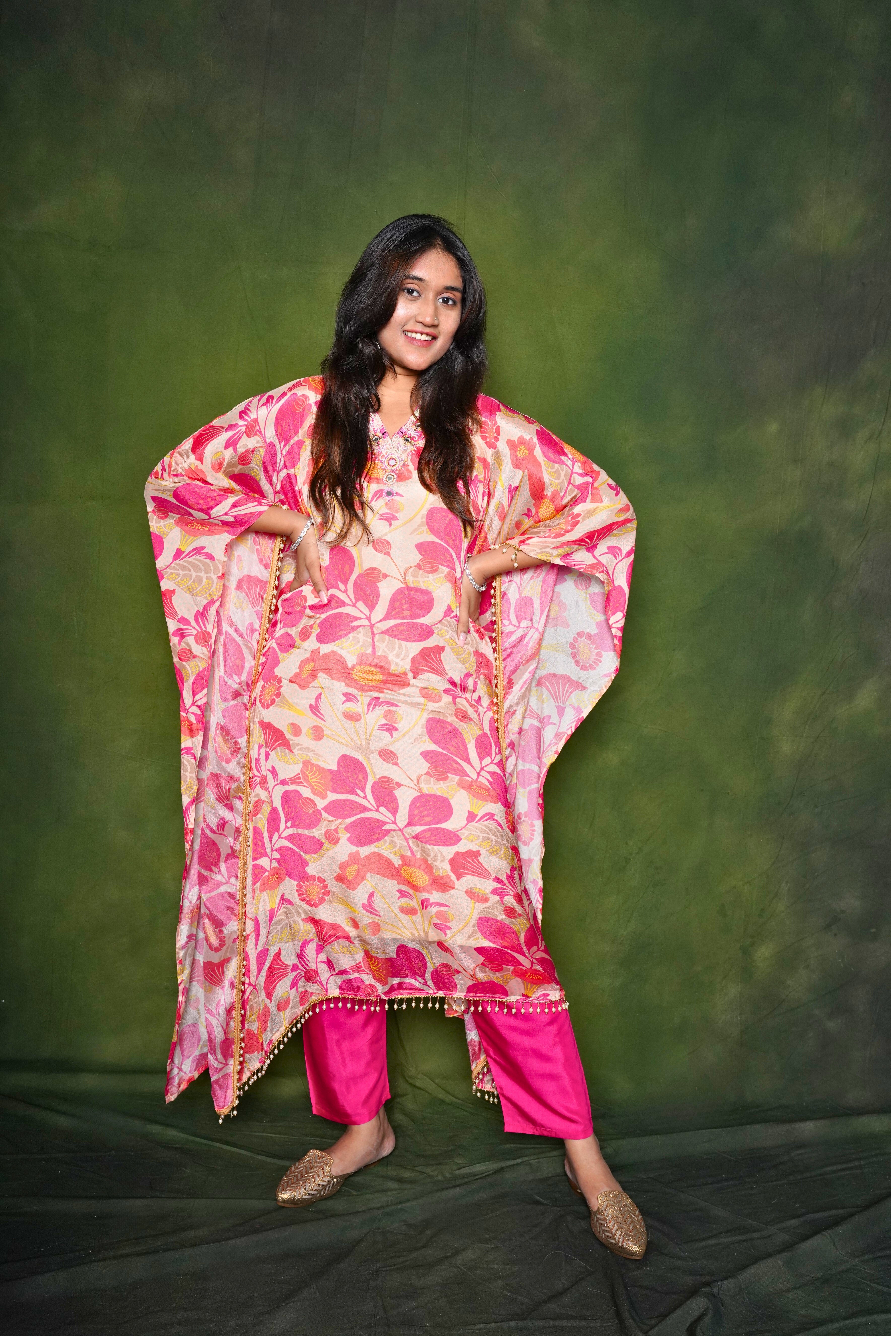 Peach Pure Crepe Embellished Kaftan Set RAADVI