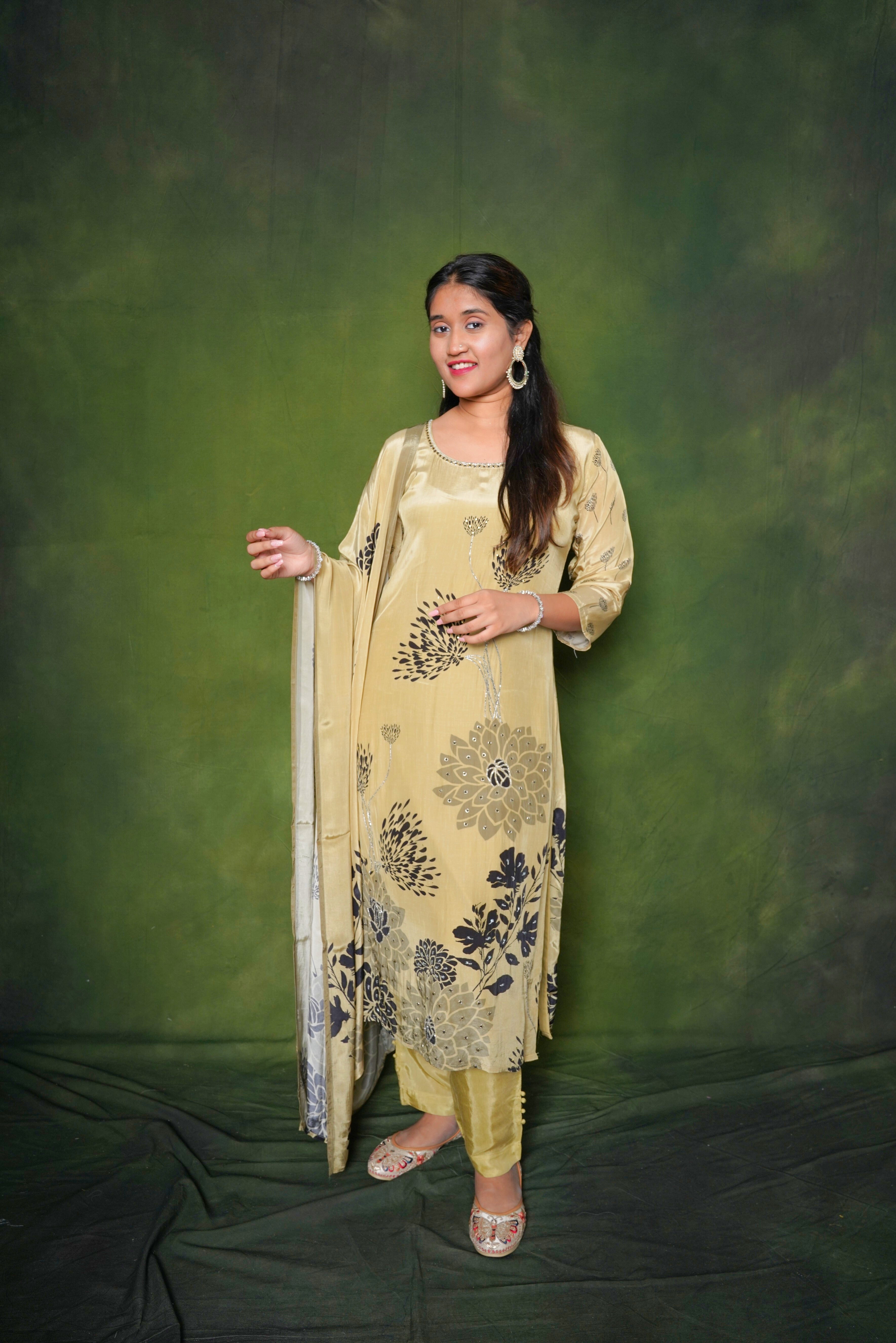 Olive Green Pure Silk Suit Set RAADVI