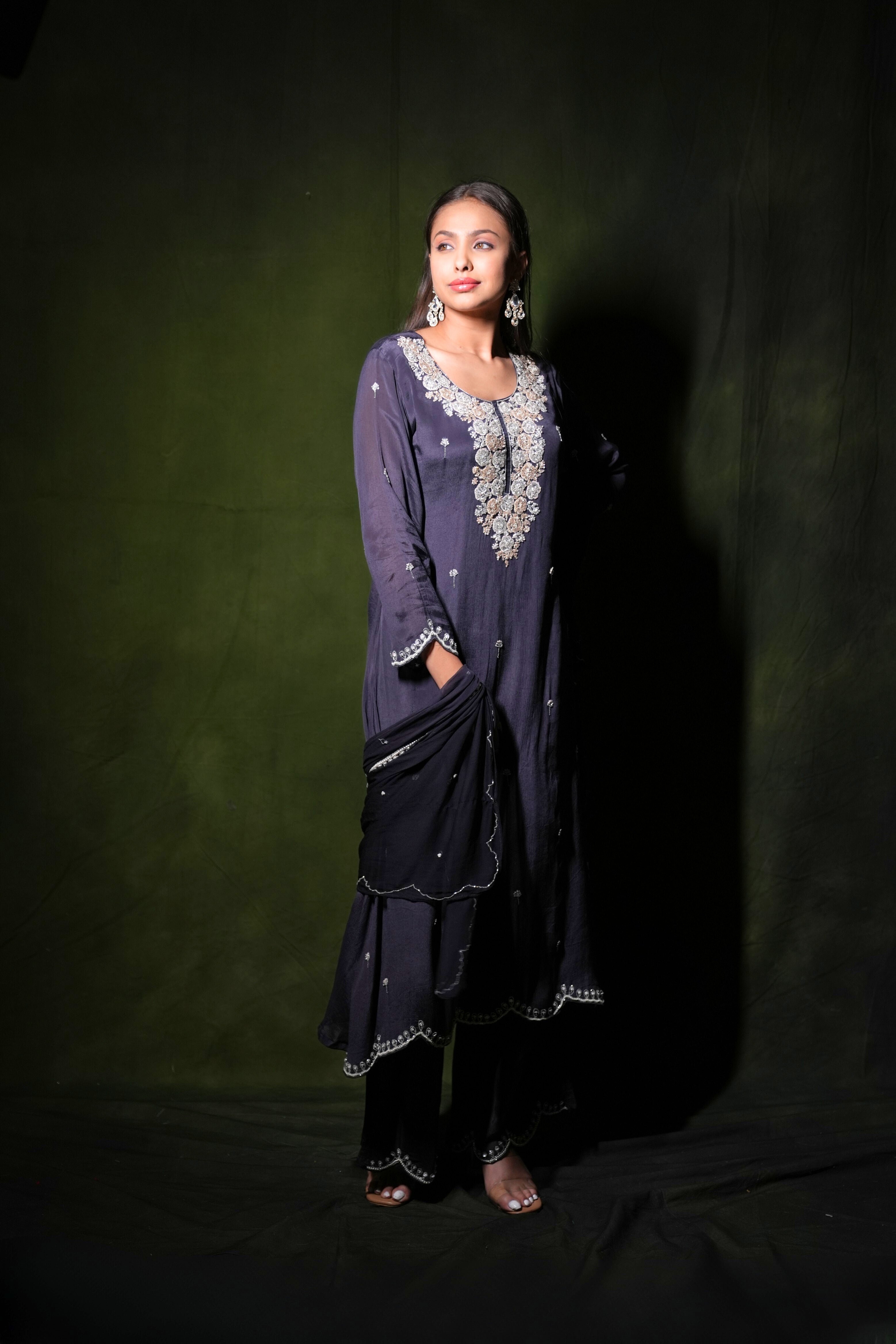 Embellished Floral Black Pure Chinnon Suit RAADVI