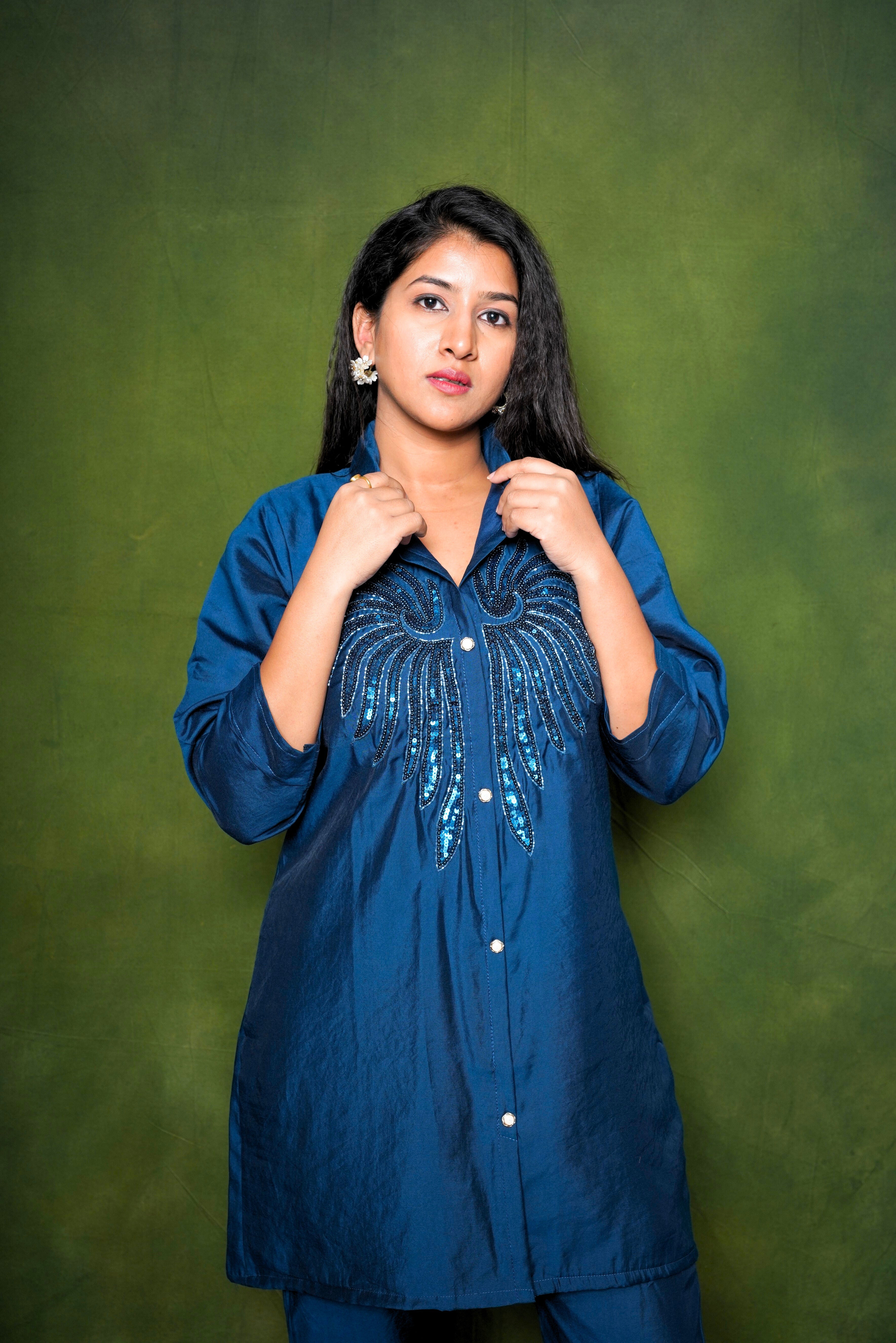 Embellished Navy Blue Roman Silk Co-Ord Set RAADVI