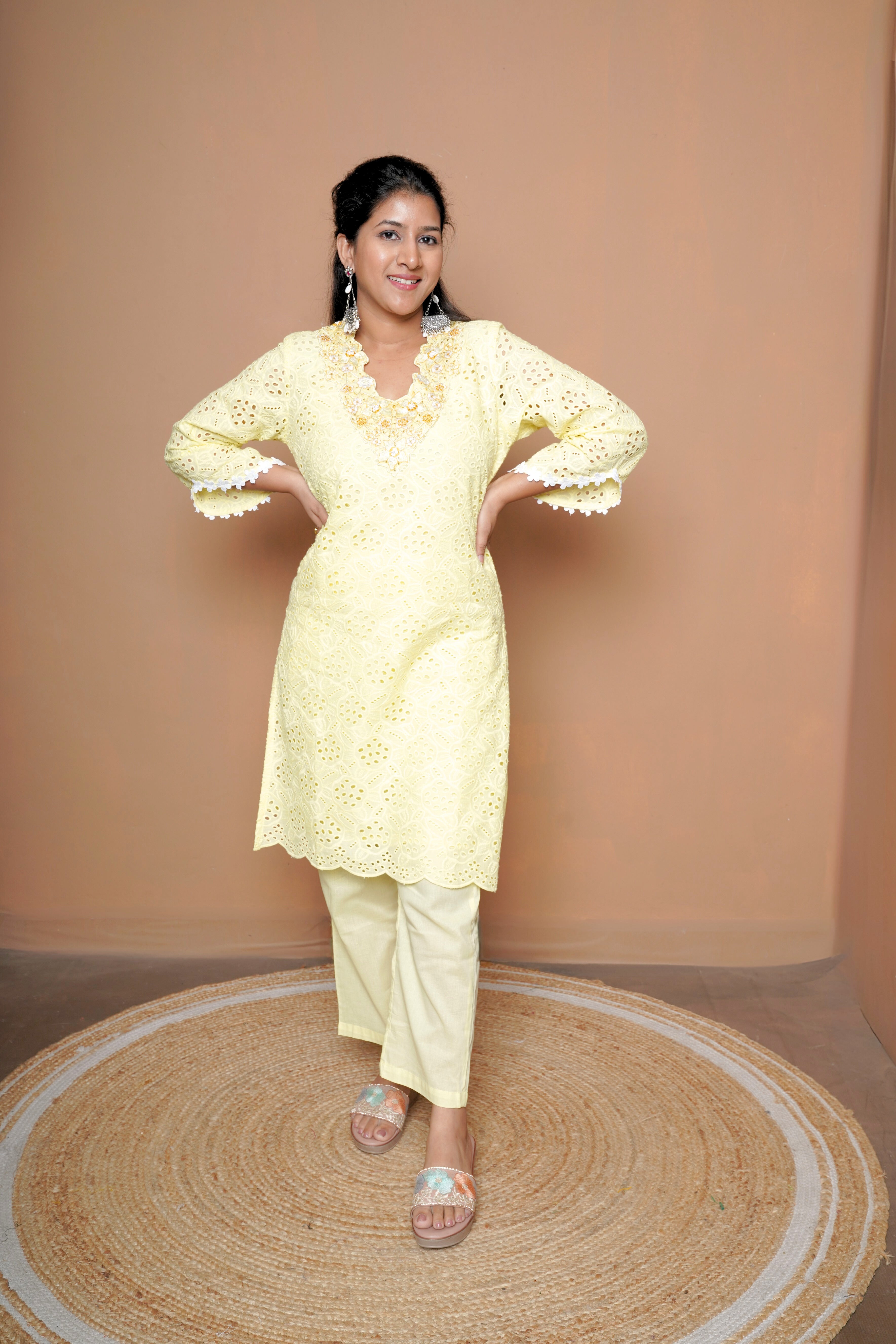 Yellow Schiffli Pure Cotton Co-Ord Set RAADVI