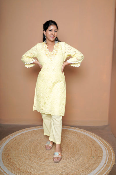 Yellow Schiffli Pure Cotton Co-Ord Set