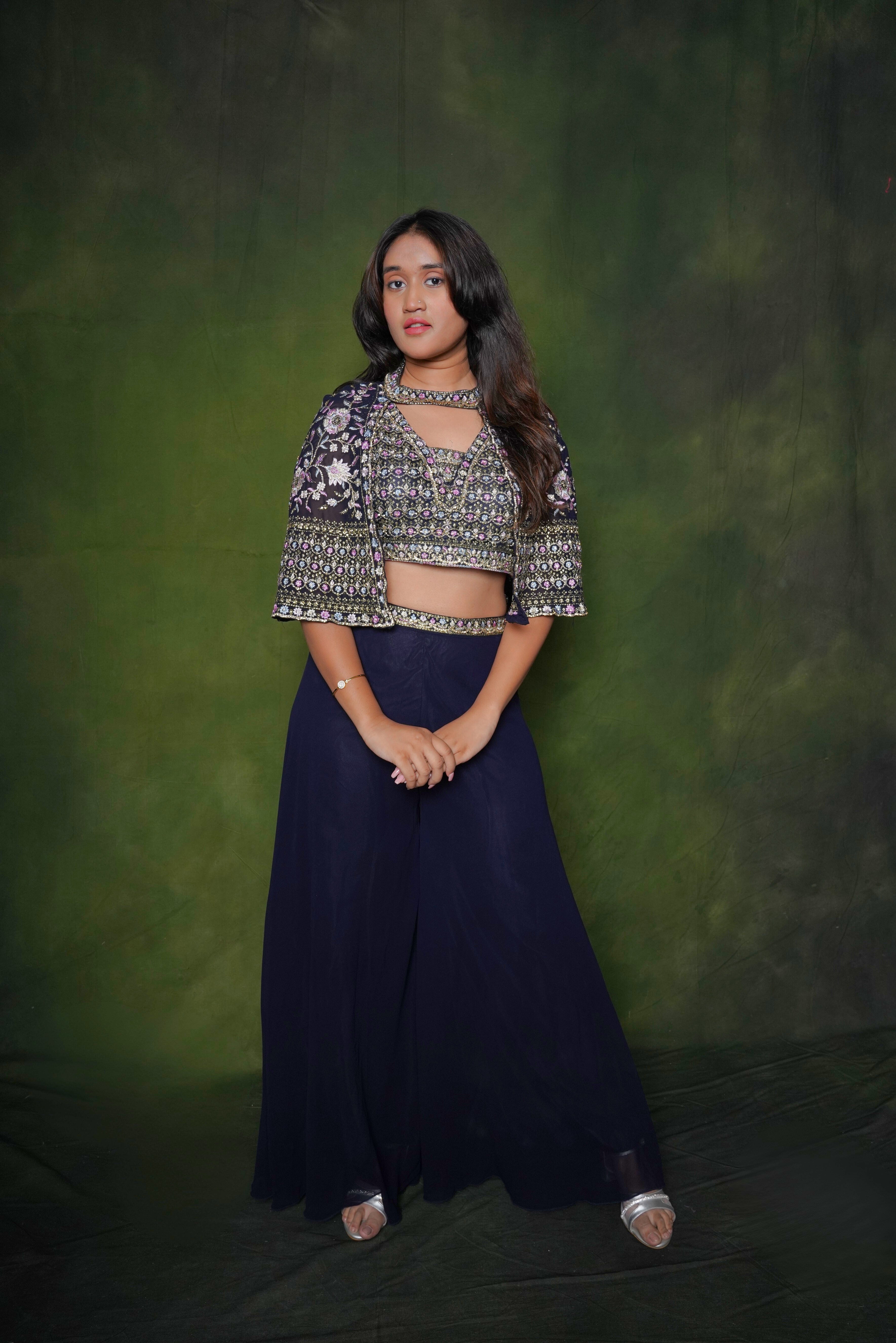 Embellished Navy Blue Crop Top Palazzo Set RAADVI