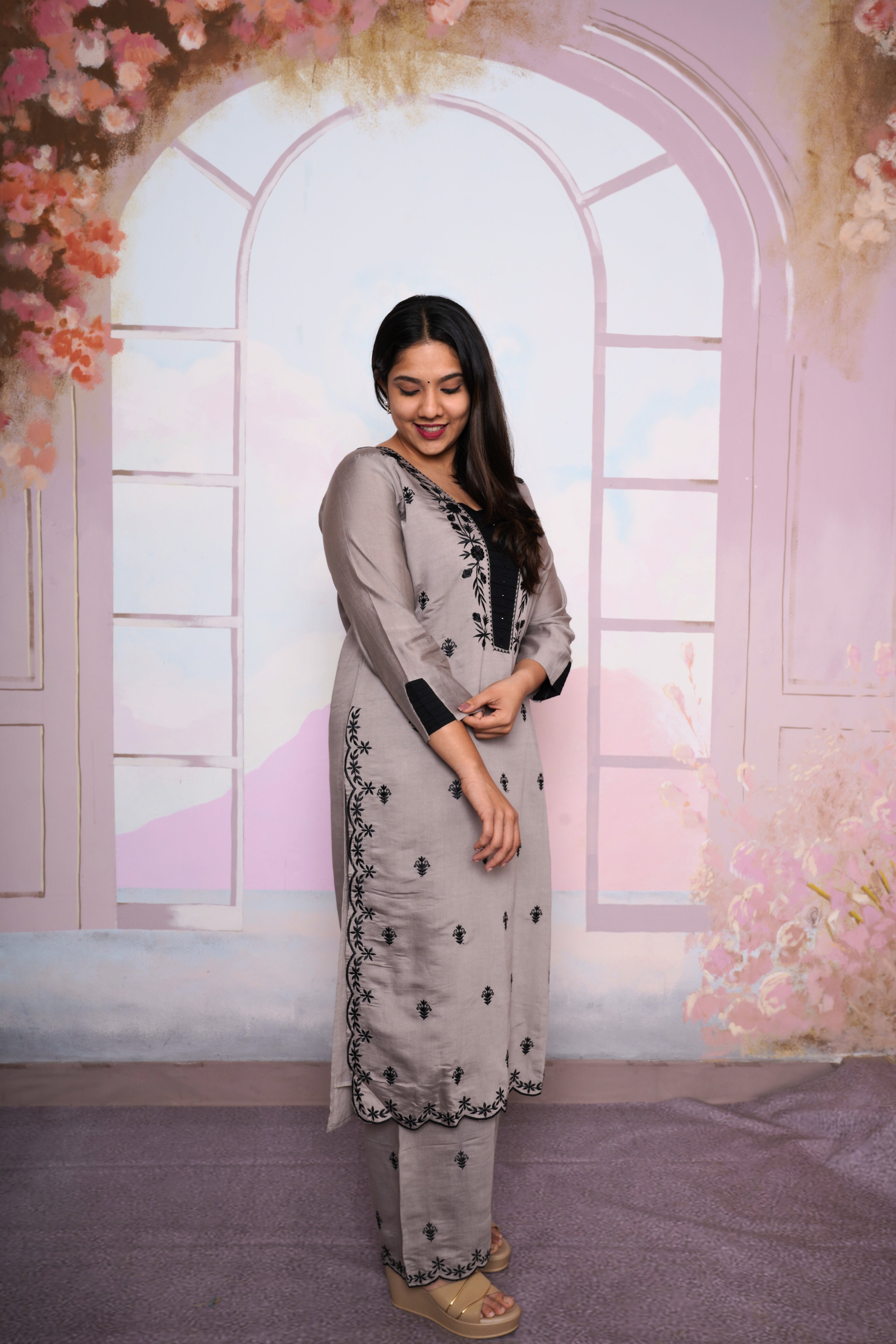 Grey Embroidered Mul Cotton Kurta Set RAADVI