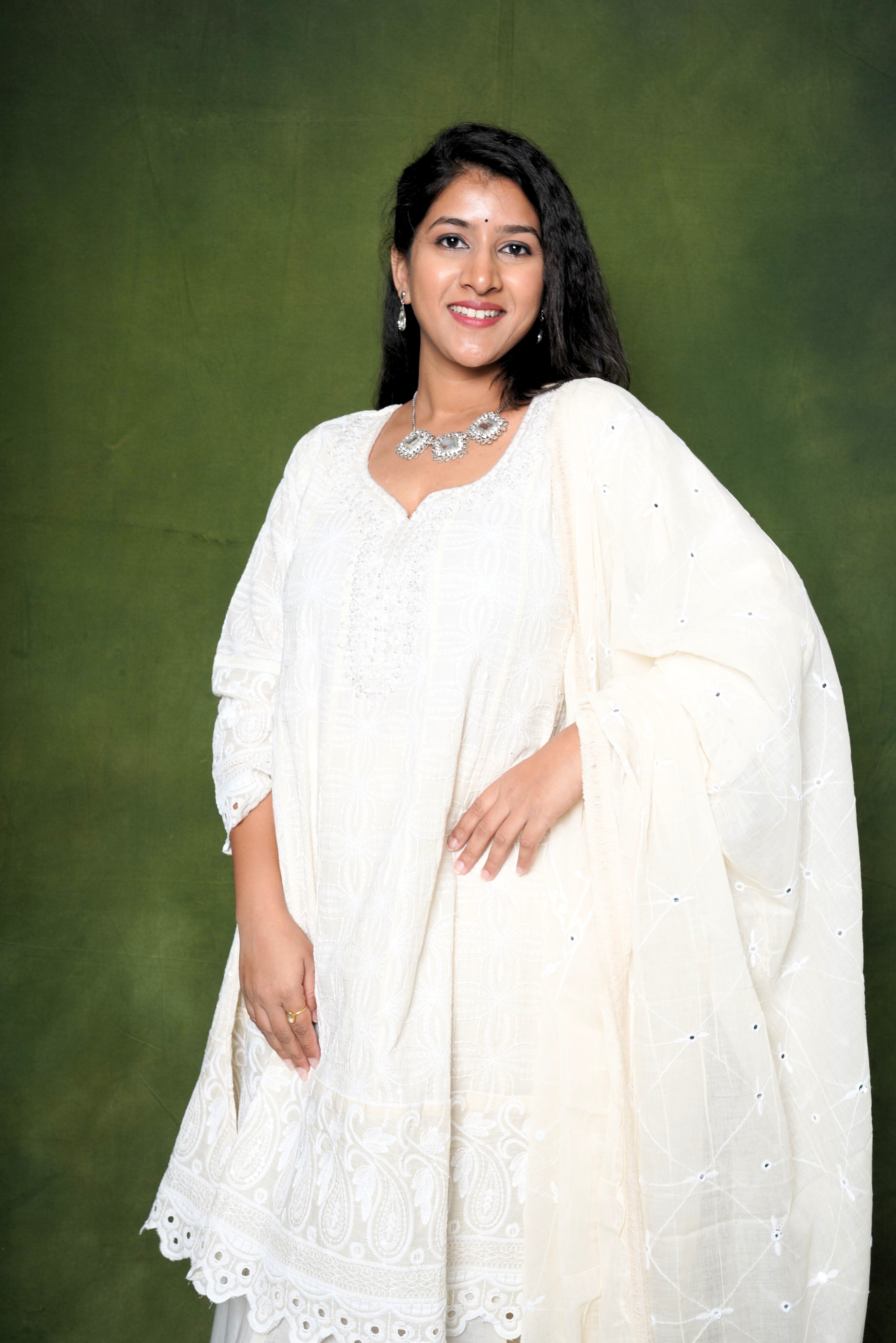 Embellished White Pure Cotton Kurta Palazzo RAADVI