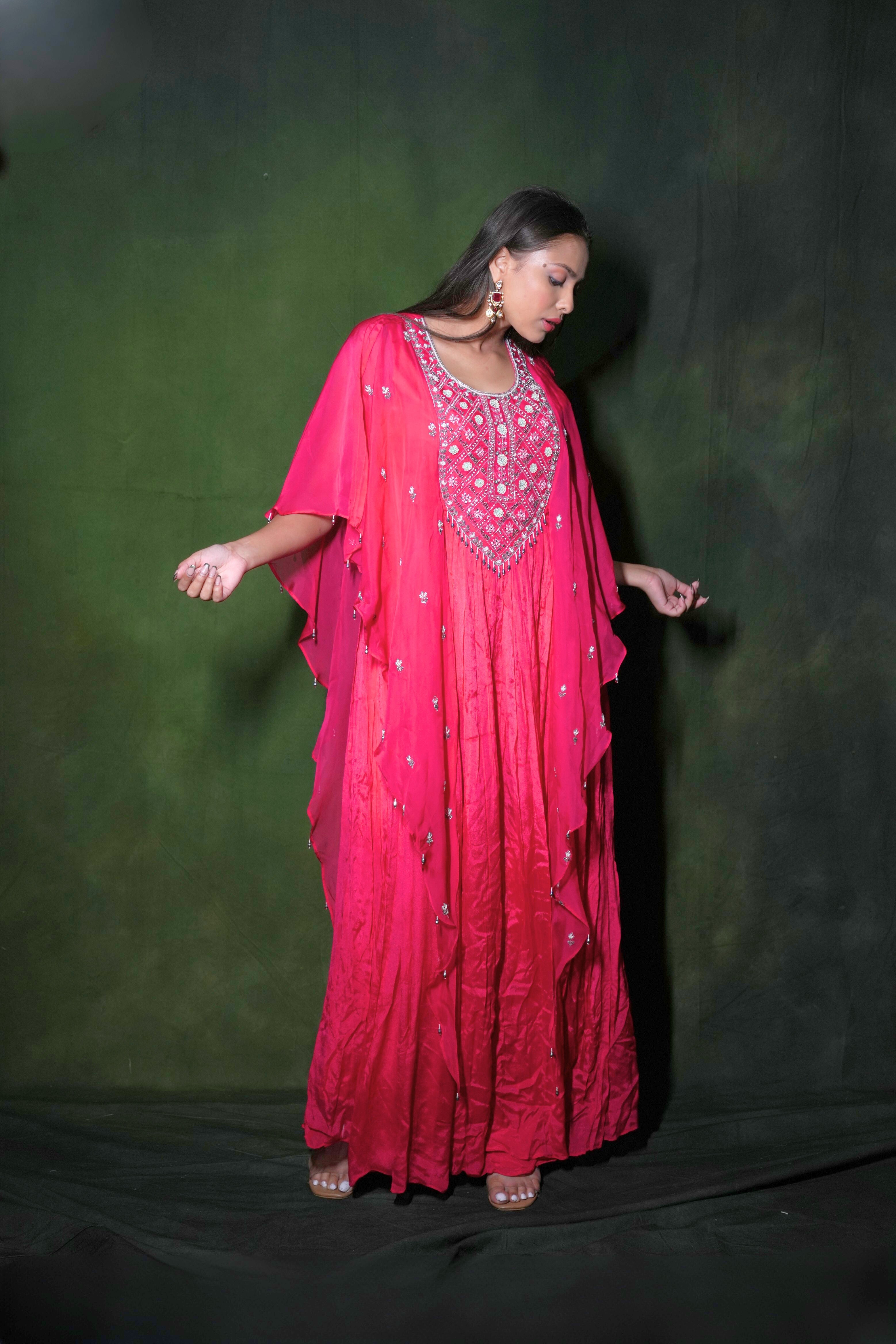 Pink Embellished Pure Chiffon Kaftan Dress RAADVI