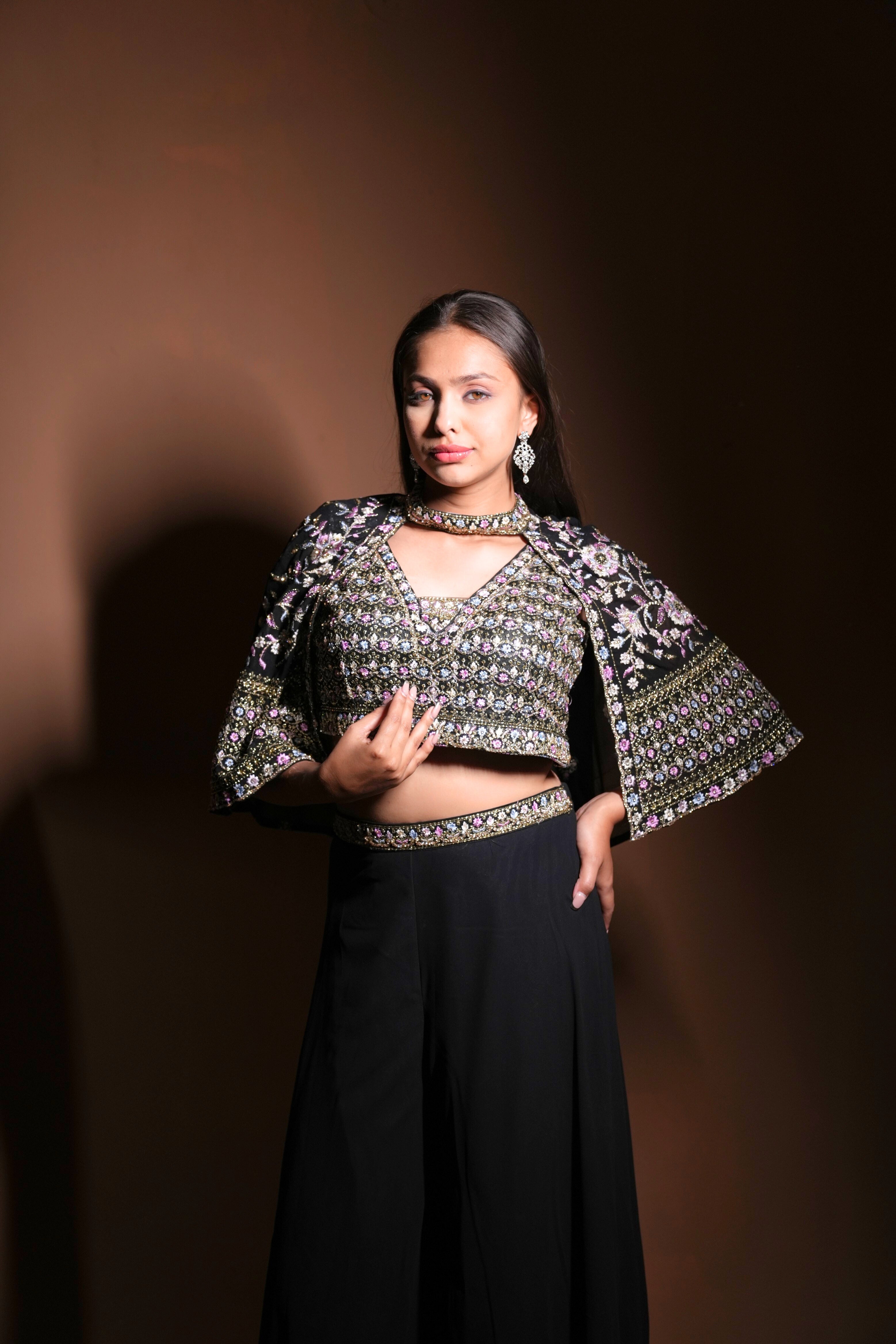 Embellished Black Crop Top Palazzo Set RAADVI