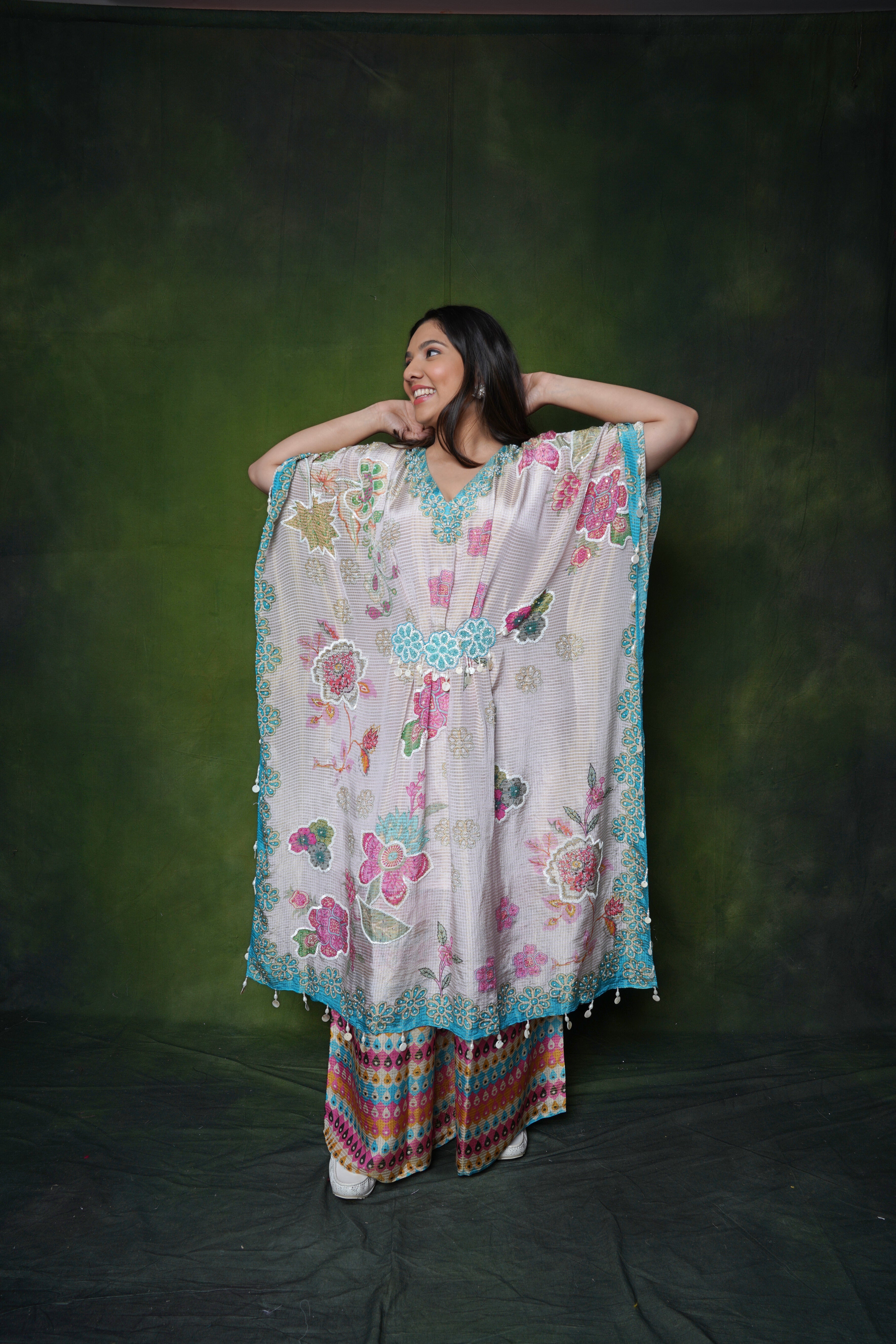 Embellished Cream Roman Silk Kaftan Set RAADVI