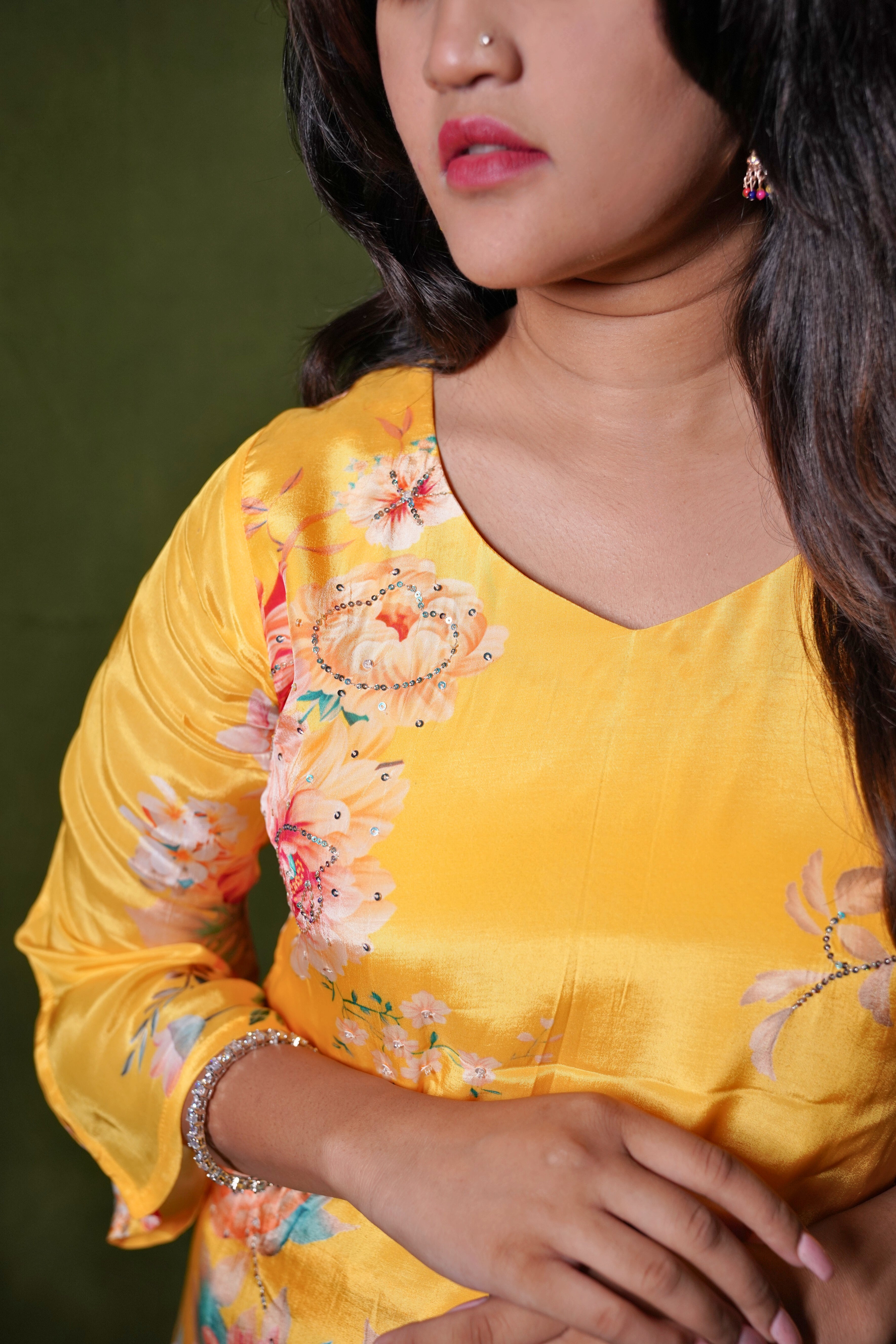 Yellow Pure Crepe Embellished Kurta Set RAADVI