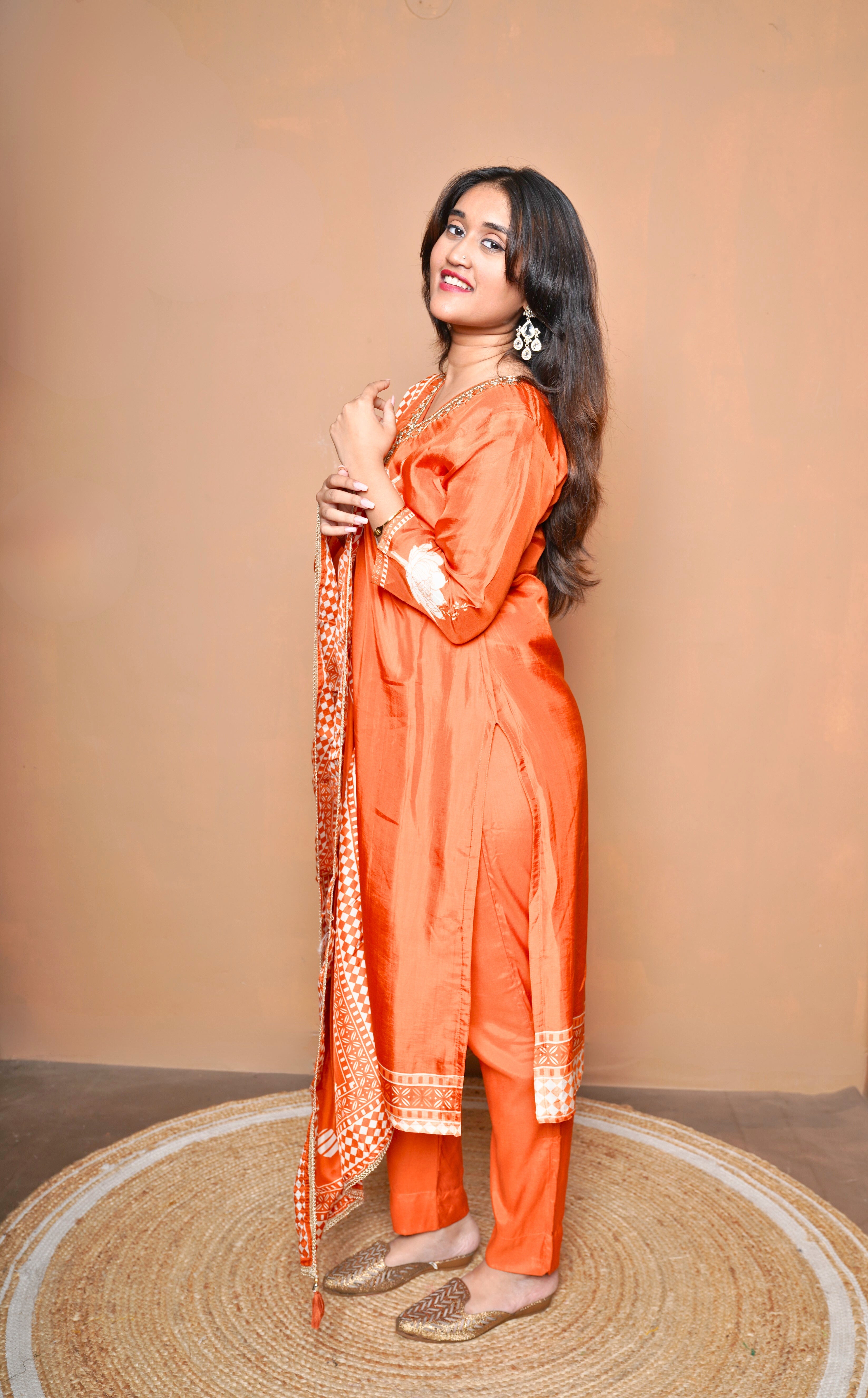 Orange Pure Russian Silk Hand Embroidery Suit RAADVI