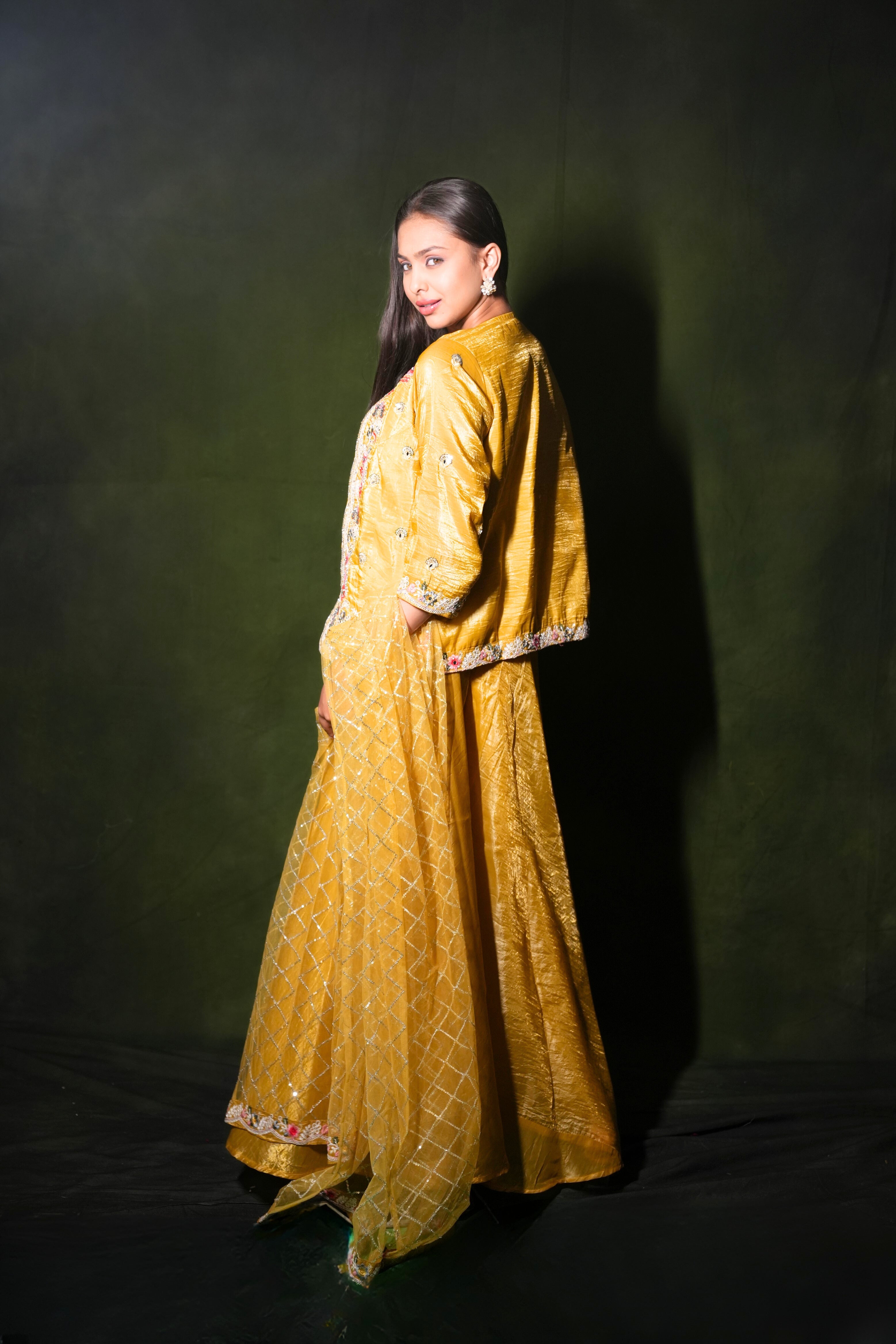 Embellished Yellow Roman Silk Crop Top Palazzo Set RAADVI
