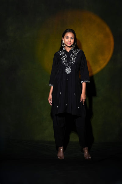 Black Embellished Roman Silk Co-Ord Set