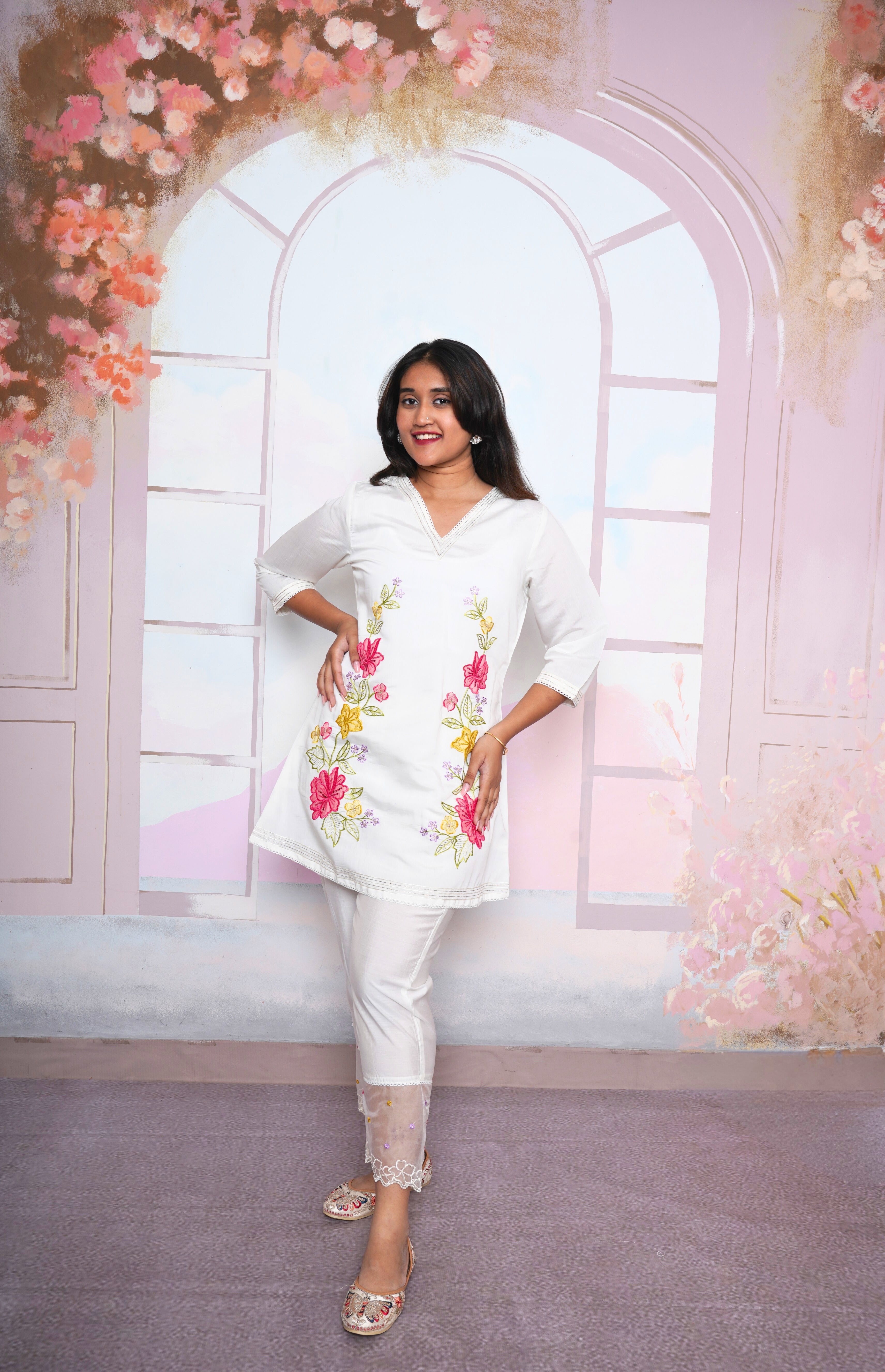 White Floral Embroidered Russian Silk Kurta Set RAADVI