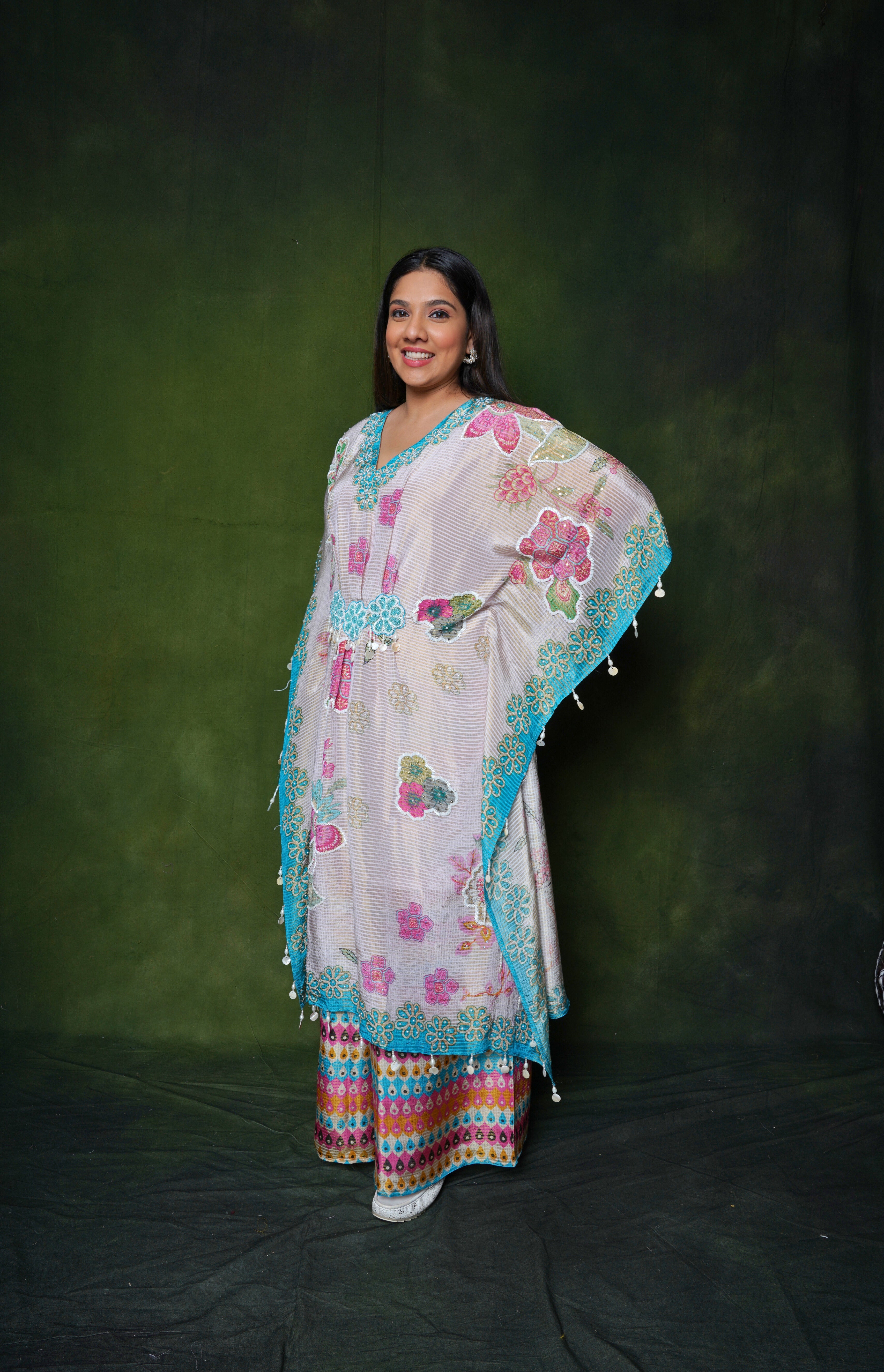 Embellished Cream Roman Silk Kaftan Set RAADVI